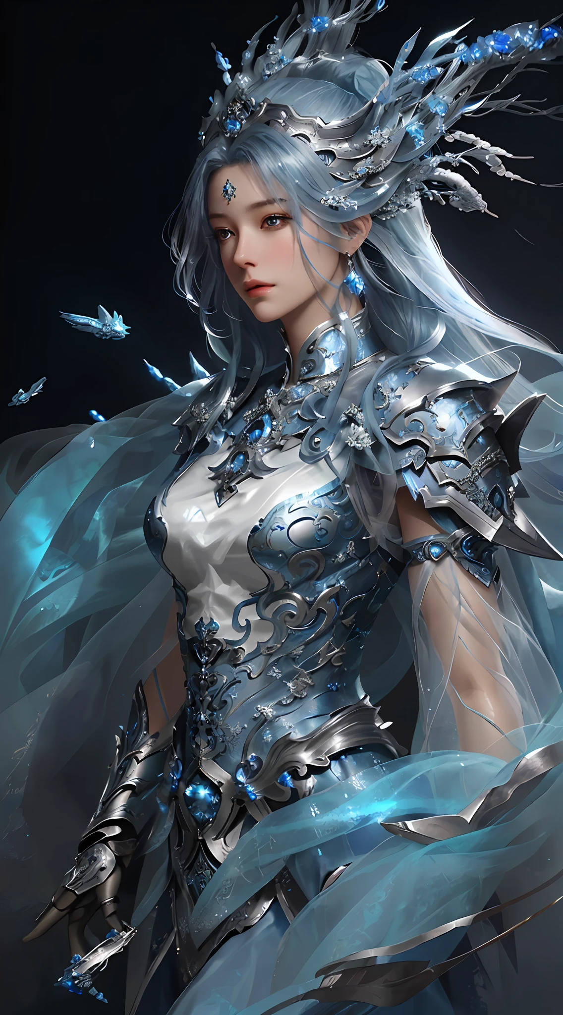 a close up of a woman in a silver and blue dress, chengwei pan on artstation, by Yang J, detailed fantasy art, stunning character art, fanart best artstation, epic exquisite character art, beautiful armor, extremely detailed artgerm, detailed digital anime art, artgerm on artstation pixiv, armor girl