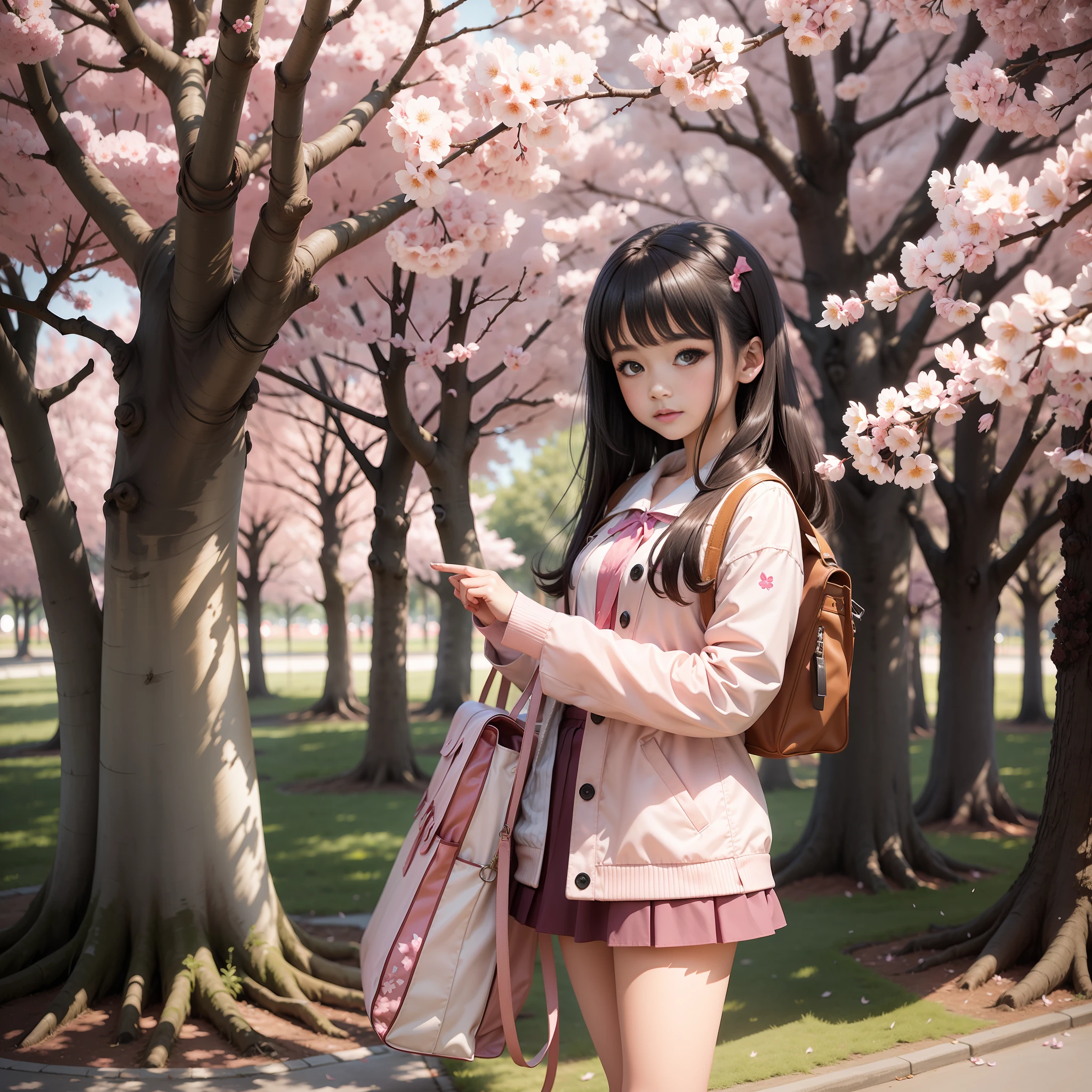 A girl stands under a cherry blossom tree