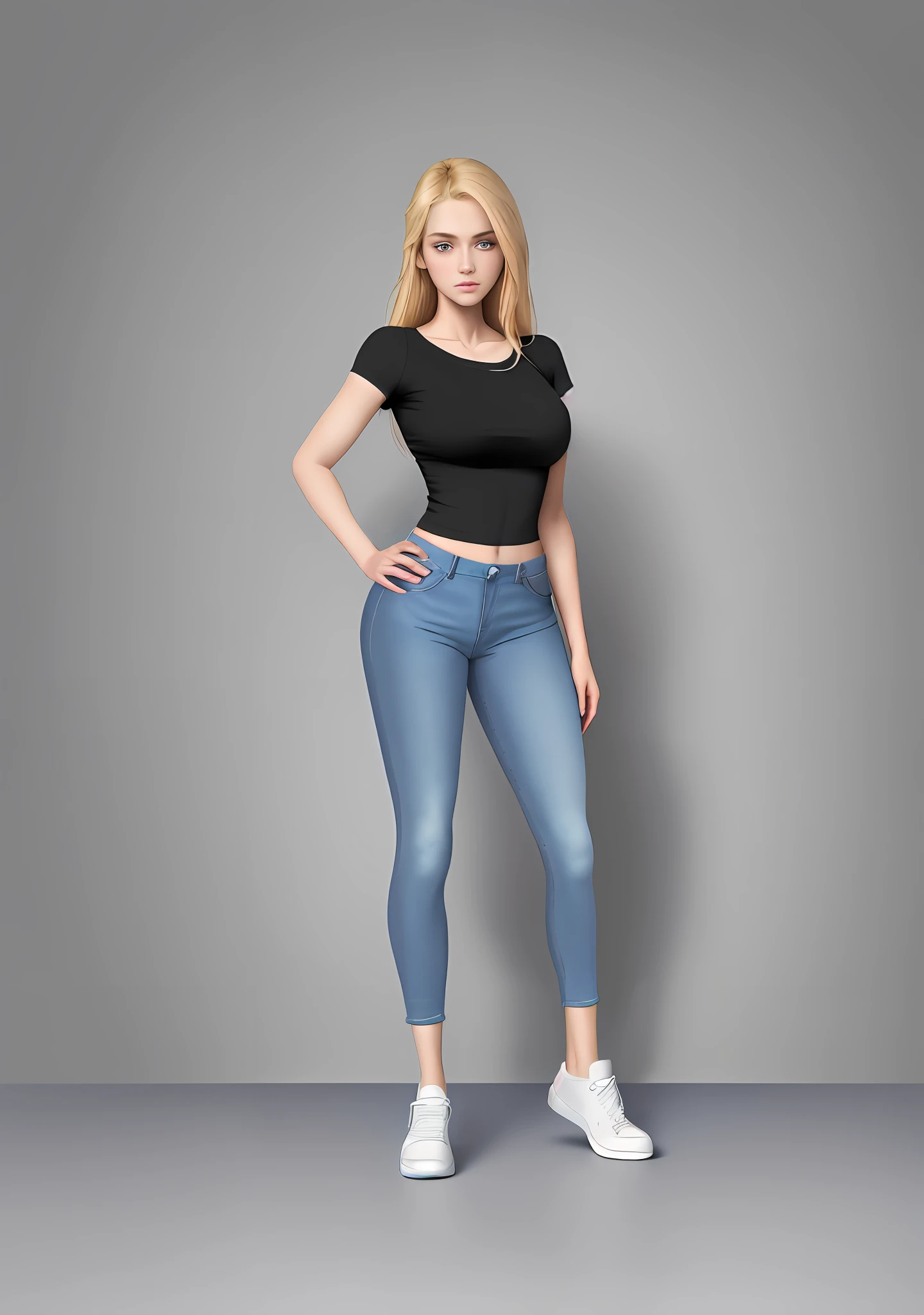 masterpiece, best quality, 4k, blonde girl, delicate face, , with a black top knitted on the shoulders and blue pants, (wearing jeans), blue sneakers, realistic shaded perfect body, full body details, hand on hips, full body close-up shot, highly detailed full body, waist-shot, shaded cel: 15, realistic sfw proportions.