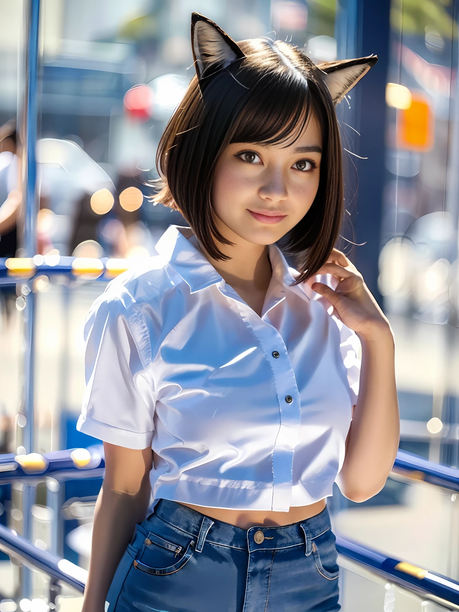 (64K, UHD, Best Quality, Masterpiece: 1.2), (Realistic, Photorealistic: 1.37), Super Detail, 1 Girl, Cute, Solo, Beautiful Detailed Sky, Detailed Ballpark, Night, Full Length View, Standing, One Leg Up, Right Hand Raised High, Left Hand Slightly Raised, 23 years old, Height 167cm, Weight 55kg, Bust 85cm, F Cup, Waist 56cm, Hips 80cm , (blushing nose), (smile: 1.15), (closed mouth), big, beautiful fine eyes, (shirt with collar: 1.1), wearing fox ears, night, wet, fitted white collared shirt, denim shorts, fox tailed, chest wide open, rain, (short hair: 1.2), floating hair NovaFrogStyle,