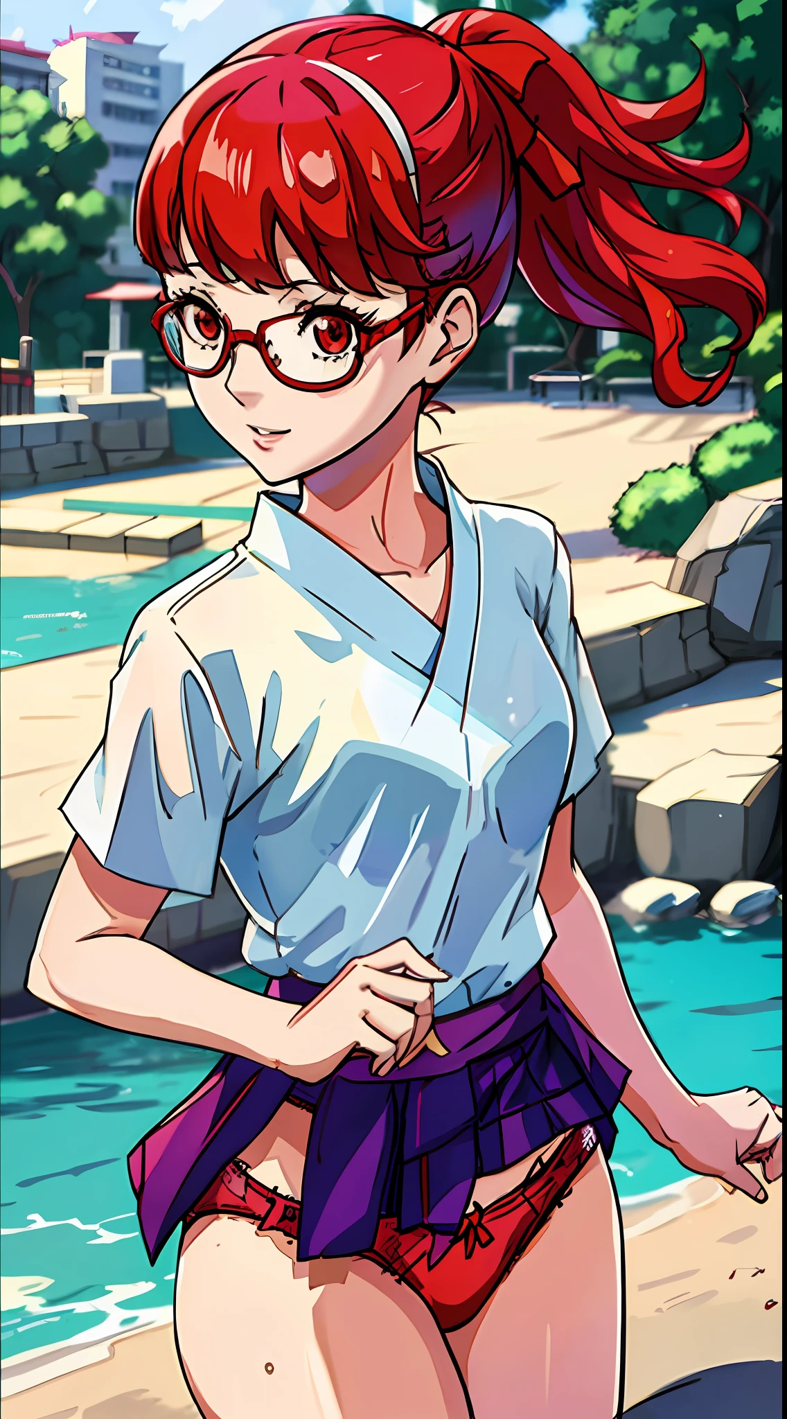 Solo, Sumire Yoshizawa (from persona 5, 1female, white skin, Japanese, red eyes, long red hair with bangs and ponytail, small breasts, glasses), anime), ((ecchi, lewd)) sunny day, photo from behind, (masterpiece, best quality, 8k, sharp focus, depth of field, best shadows, perfect lights, HDR, realistic skin texture, hyper detailed background), tight wet white t-shirt, panties, sunny day, happy, japan, city lake
