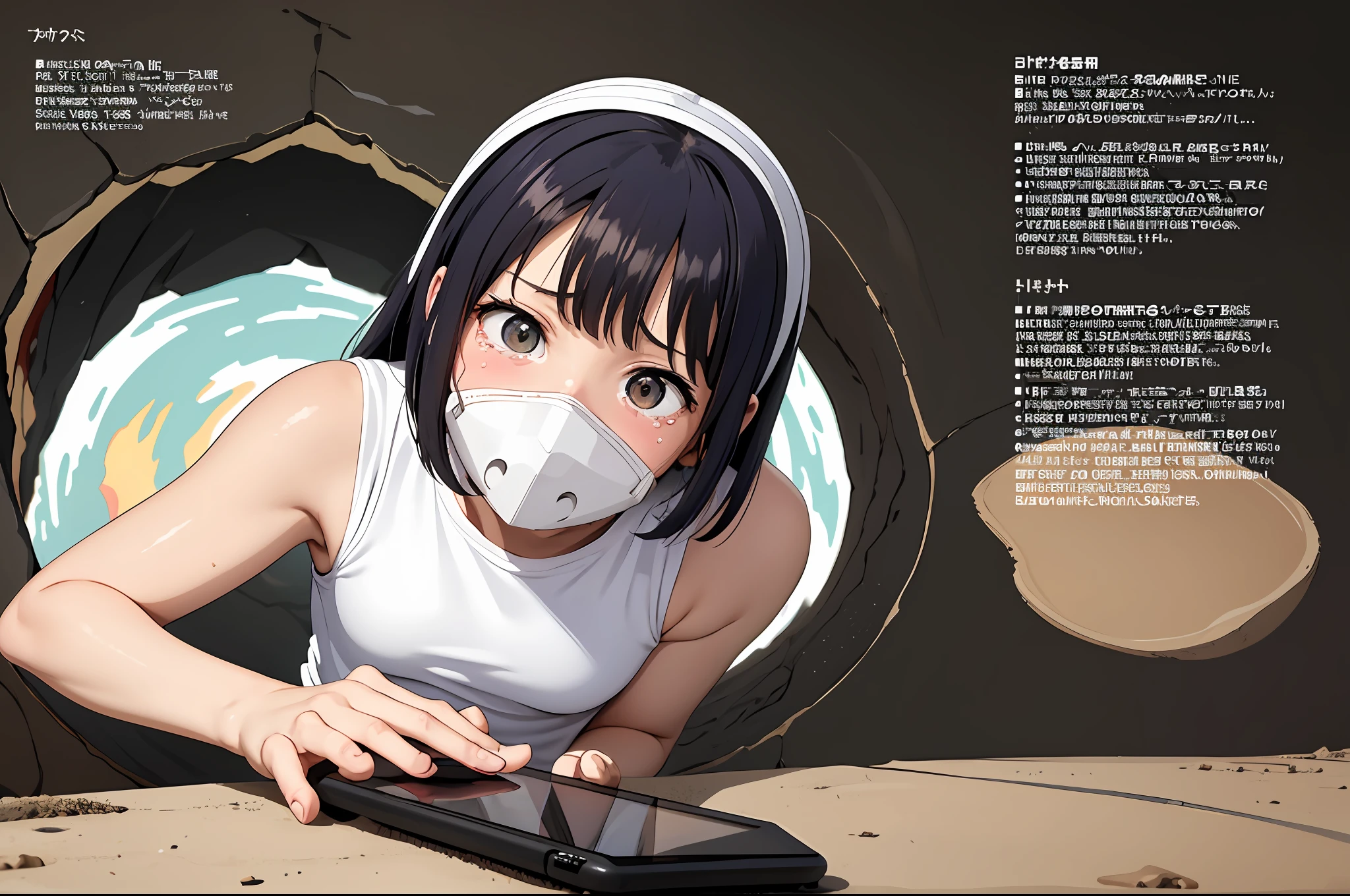 Masterpiece,(High Quality, Best Quality:1.2),(white_outline Vector Graphics:1.2), (megami_magazine:1.2), Tears, (Angry:1), (realistic_nose:-1), (anime color, flat painting, CG:1.2 game), a character in a gas mask from the sire of a post-apocalyptic wasteland, (((a girl climbs out of a hole in the form of a tablet))),