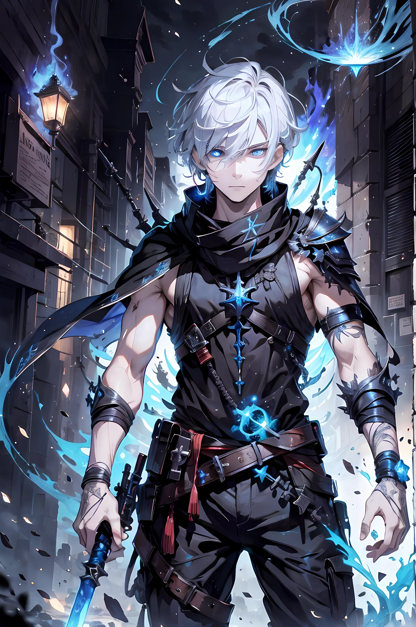 (absurdres, highres, ultra detailed), masterpiece, best quality, real light and shadow, solo, a boy with white hair, red sleeveless outfit, handsome, finely eye, detailed face, detailed eye, black scarf, two swords, dual-swords, a swords surround by blue flame, tattoo, from below, look down, ruined city, dark background, swirl, spark, cowboy shot, BREAK, blue eyes, GlowingRunes_paleblue
