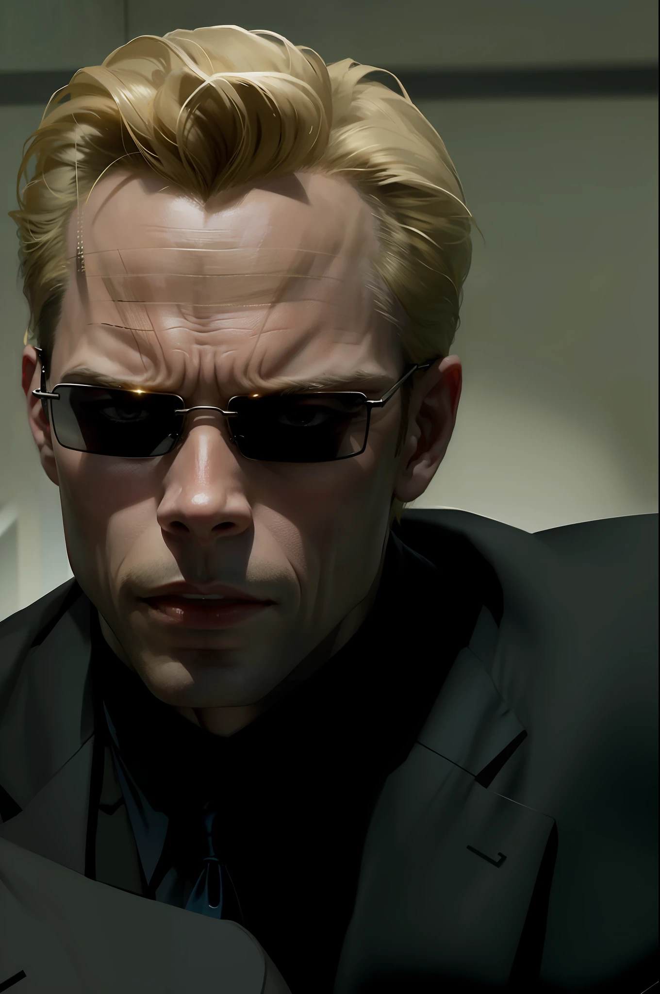 evil looking blond GUY PEARCE face, blond GUY PEARCE in a suit with square sunglasses close up, blond GUY PEARCE in a suit angry, blond GUY PEARCE in a suit with squared sunglasses, square sunglasses
