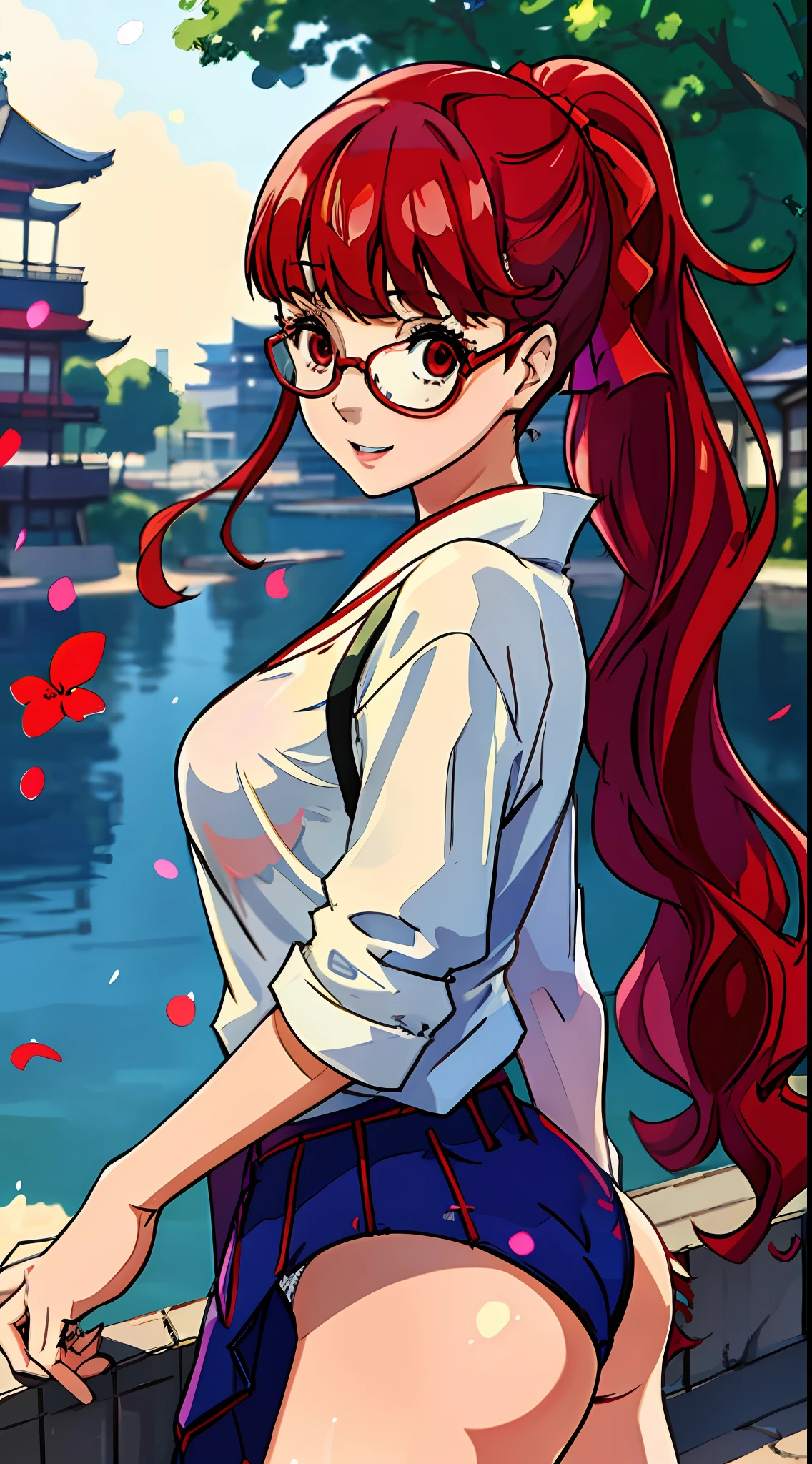 Solo, Sumire Yoshizawa (from persona 5, 1female, white skin, Japanese, red eyes, long red hair with bangs and ponytail, small breasts, glasses), anime), ((ecchi, lewd)) sunny day, photo from behind, (masterpiece, best quality, 8k, sharp focus, depth of field, best shadows, perfect lights, HDR, realistic skin texture, hyper detailed background), tight wet white t-shirt,  panties, sunny day, happy, japan, city lake