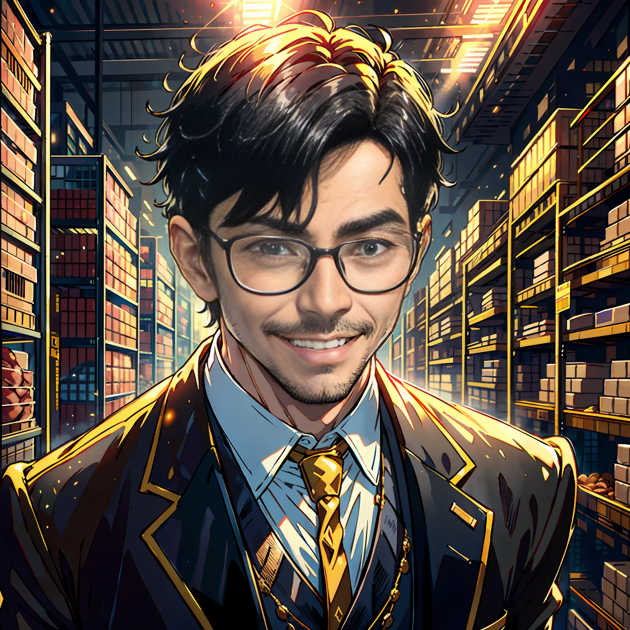 A man, empty-handed, with oily hair, wearing gold wire glasses, wearing a black suit, smiling, short black hair, in a huge warehouse, piled with meat, highly real, UHD, chiaroscuro, super detailed