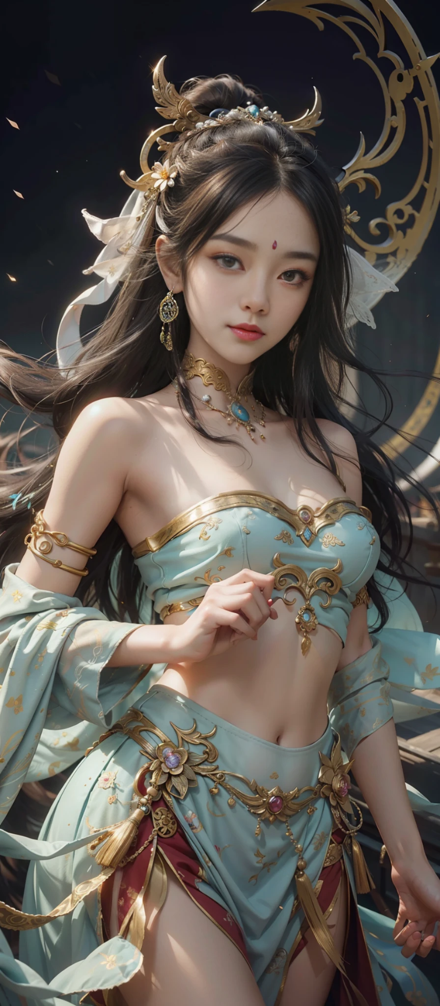 Dunhuang style, 1girle, (realistic, photorealistic real: 1.3), extremely delicate beautiful girl, supple fair skin, delicate facial features, perfect face, sexy collarbone, delicate forehead hands, delicate eyelashes, delicate eyes, bare shoulders, stunning beauty, extreme details, realistic details, best quality, highly detailed, masterpiece, shoulders, navel, flying fairy, Dunhuang mural in background, dance, Buddhist musical instrument in hand, black hair, very long hair, hair ornament, ribbon, kanzashi, hair bubbles, flowers on head, gradient eyes, smile, surrealism, high detail, romanticism, cinematic lighting, glitter, reflected light, uhd, retina, masterpiece, super detail, textured skin, anatomically correct, high detail, best quality, high resolution, high quality, award-winning, 8K