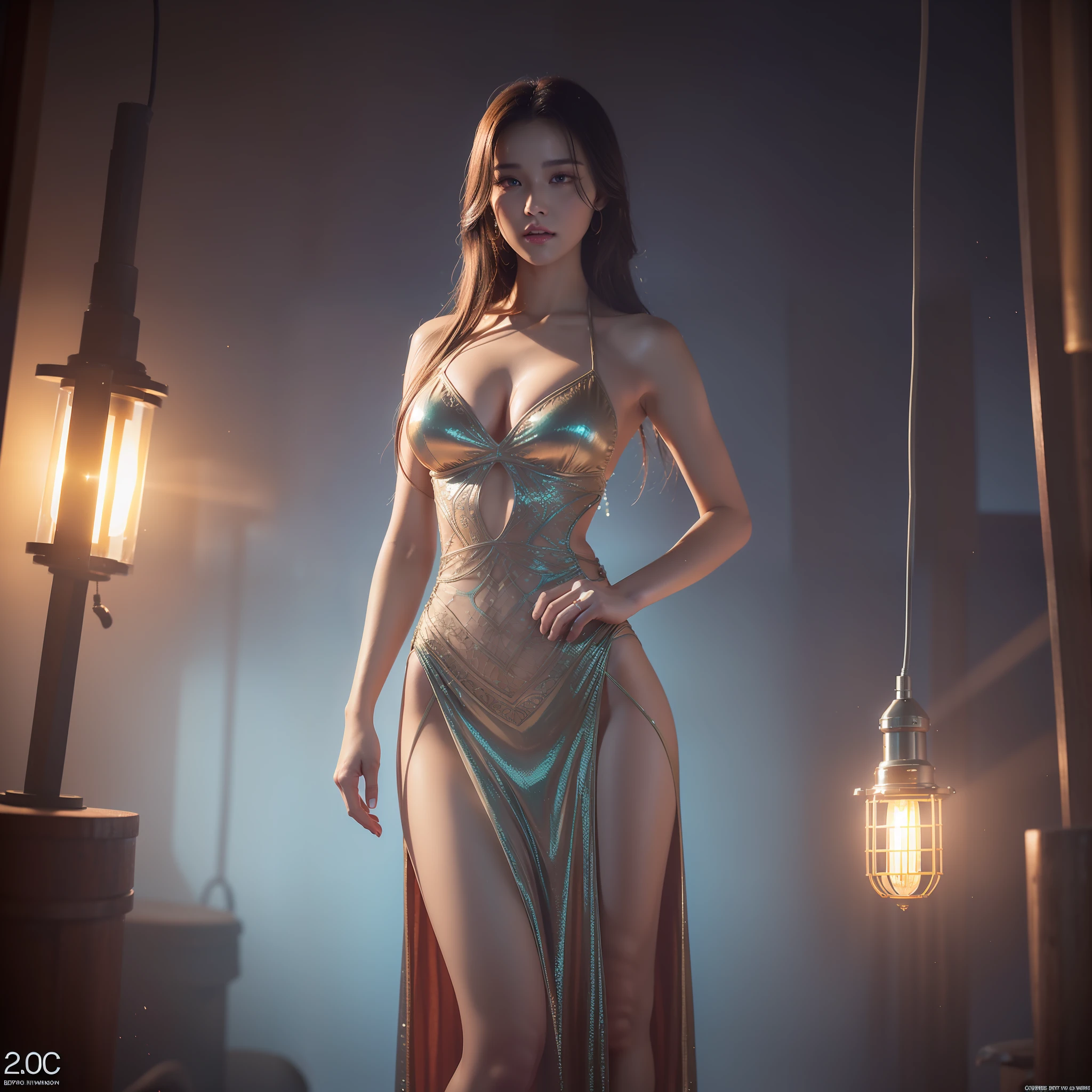 23 years old, perfect body, high slit liquid sexy dress, epic rendering, octane, atmosphere, particles, soft volumetric lamp, (backlight: 1.3), (movie: 1.3), intricate details, (art station: 1.3)