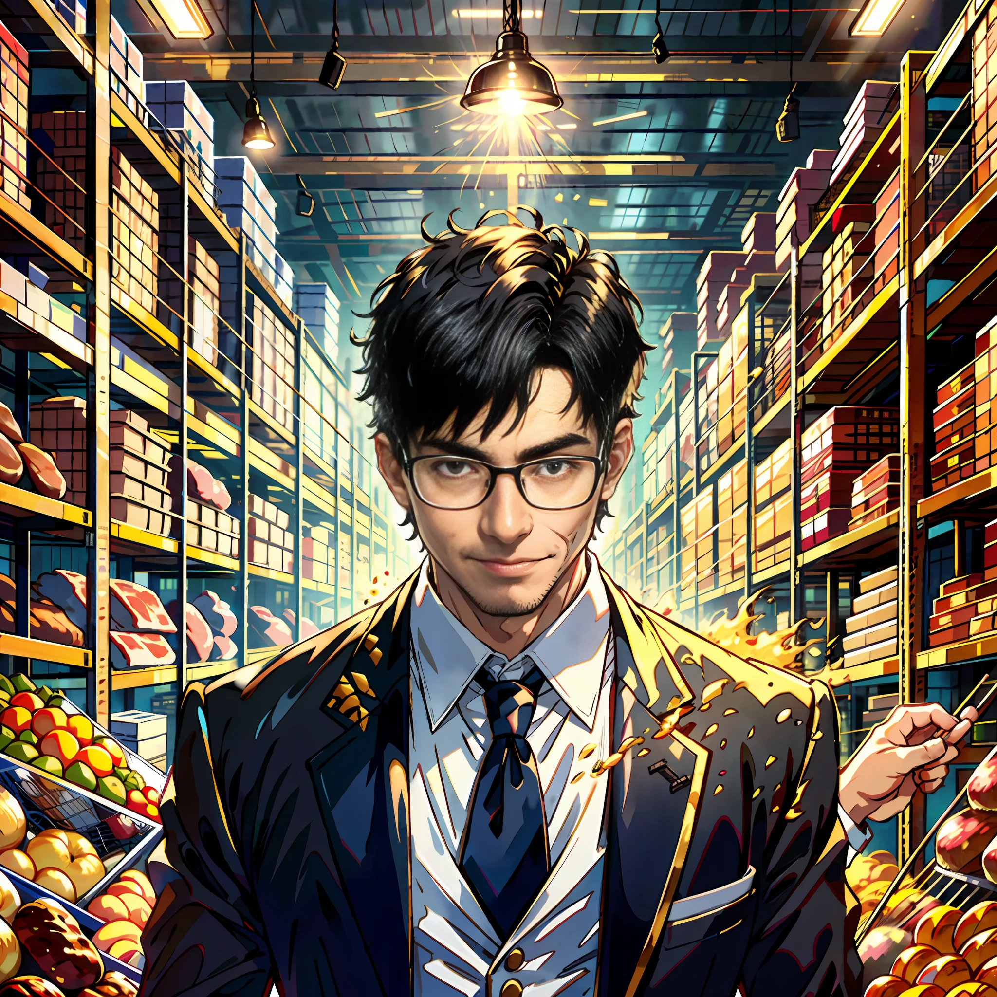 A man, with oily hair, gold-wire glasses, black suit, smiling, short black hair, in a huge warehouse, piled with meat, highly real, UHD, chiaroscuro, super detailed