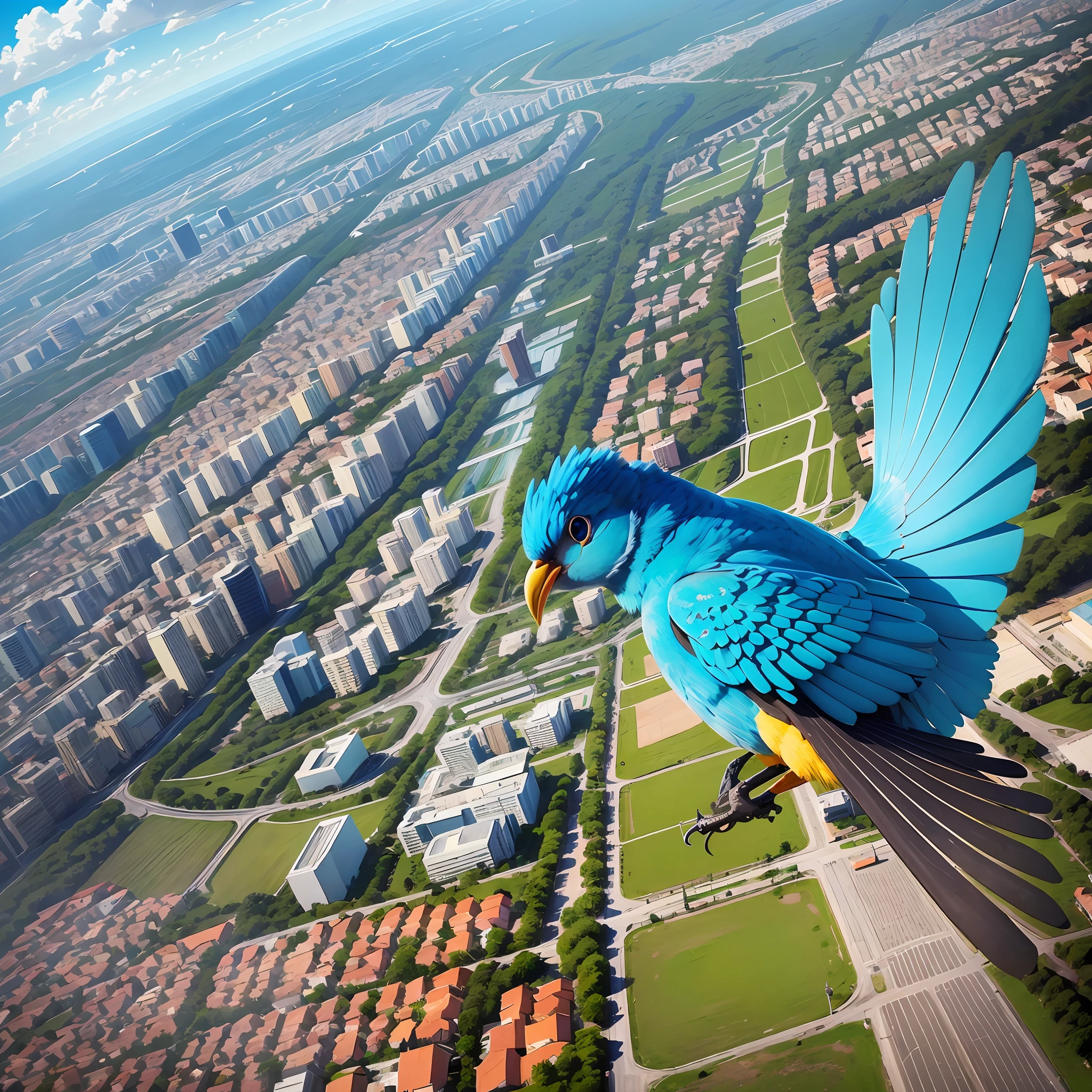 A little blue bird, flying in a city similar to Brasilia, turquoise blue sky, green grass, bright colors, yellow ipê in the background. In style drawing 2d ultra HD, 2k. Very delicate, with texture, work of art. --auto --s2