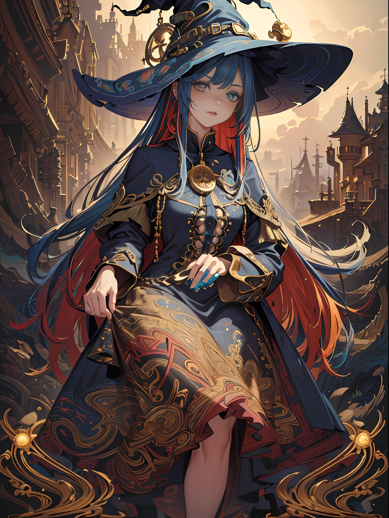 BREAK, (masterpiece, best quality, absurdres:1.4), (highly detailed CG illustration), highly detailed, cinematic light, dynamic pose, official art, colorful, romanticism, the most beautiful form of chaos, elegant, a brutalist designed, abstract background, lantern, cloud, floral, hair flower,(full body), expressions, BREAK, 1girl, (witch hat:1.5), long eyelashes, absurdly long hair, colorful hair, (white dress) BREAK, (by Dave Seeley:1.7), (Maximalism:2), (complicated background, complicated decorations, complicated dress:2), (colorful eyes:1.4), (extreme detailed:1.5),(fractal art:1.1), (colorful art),(detailed eyes),(high definition eyes)