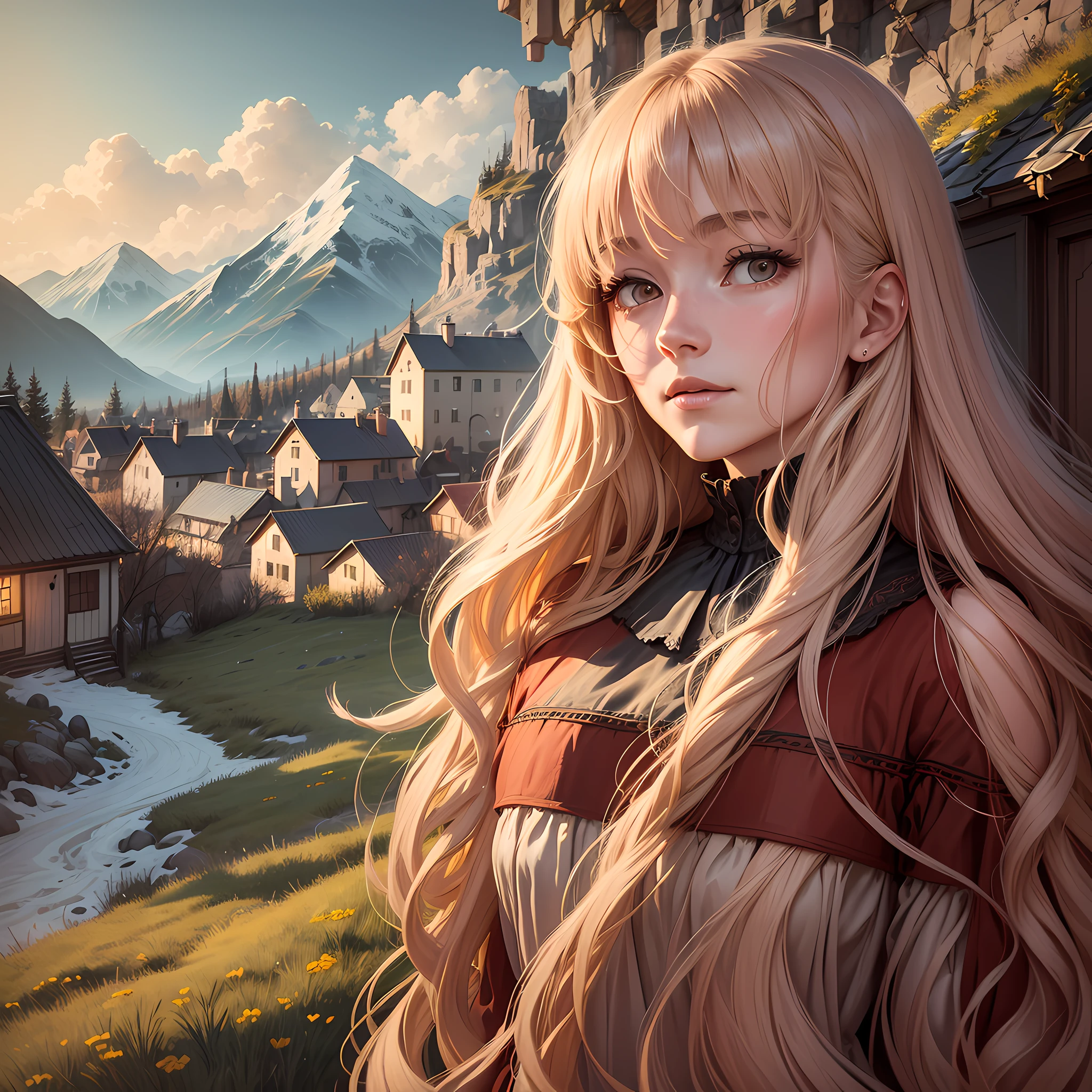 The painting style is quiet and the lights are yellow. The houses are nestled among the distant mountains, and the willows in the courtyard sway in the wind. Several layers of light red curtains add a bit of mystery to the deep scenery, the woman is alone, her long hair is scattered at will, and her figure is looming, with a faint smile. --auto --s2