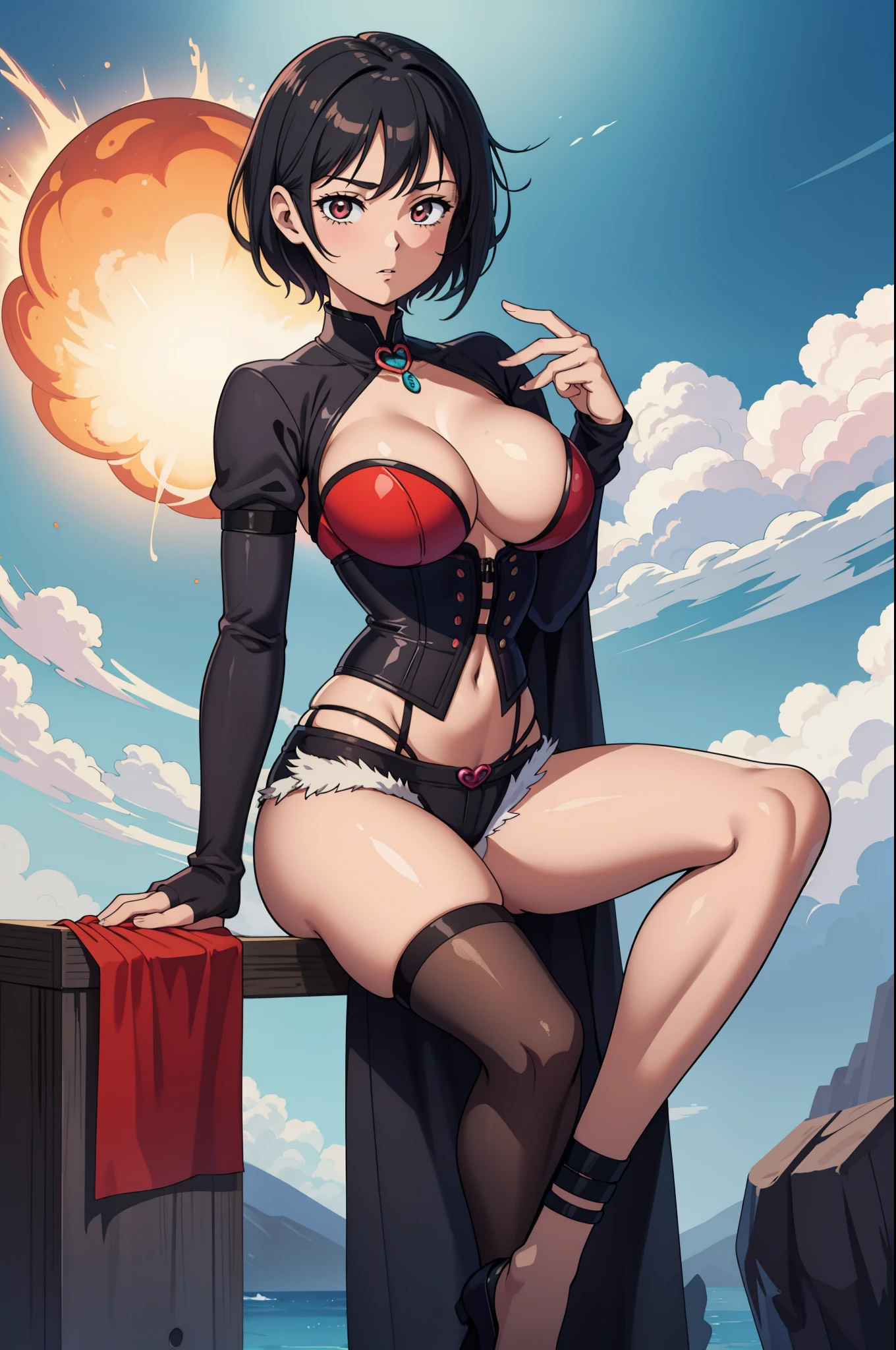 girl, (hotify: 1.2), (oni: 1.4), (old, lava bottom: 1.4), toned body, oppai, (straddling thigh), short hair, cockroach hair, (mauve corset, smooth cyan shorts: 1.3), mahou shoujo madoka magica, V-kini, (masterpiece, detailed, highres: 1.4)