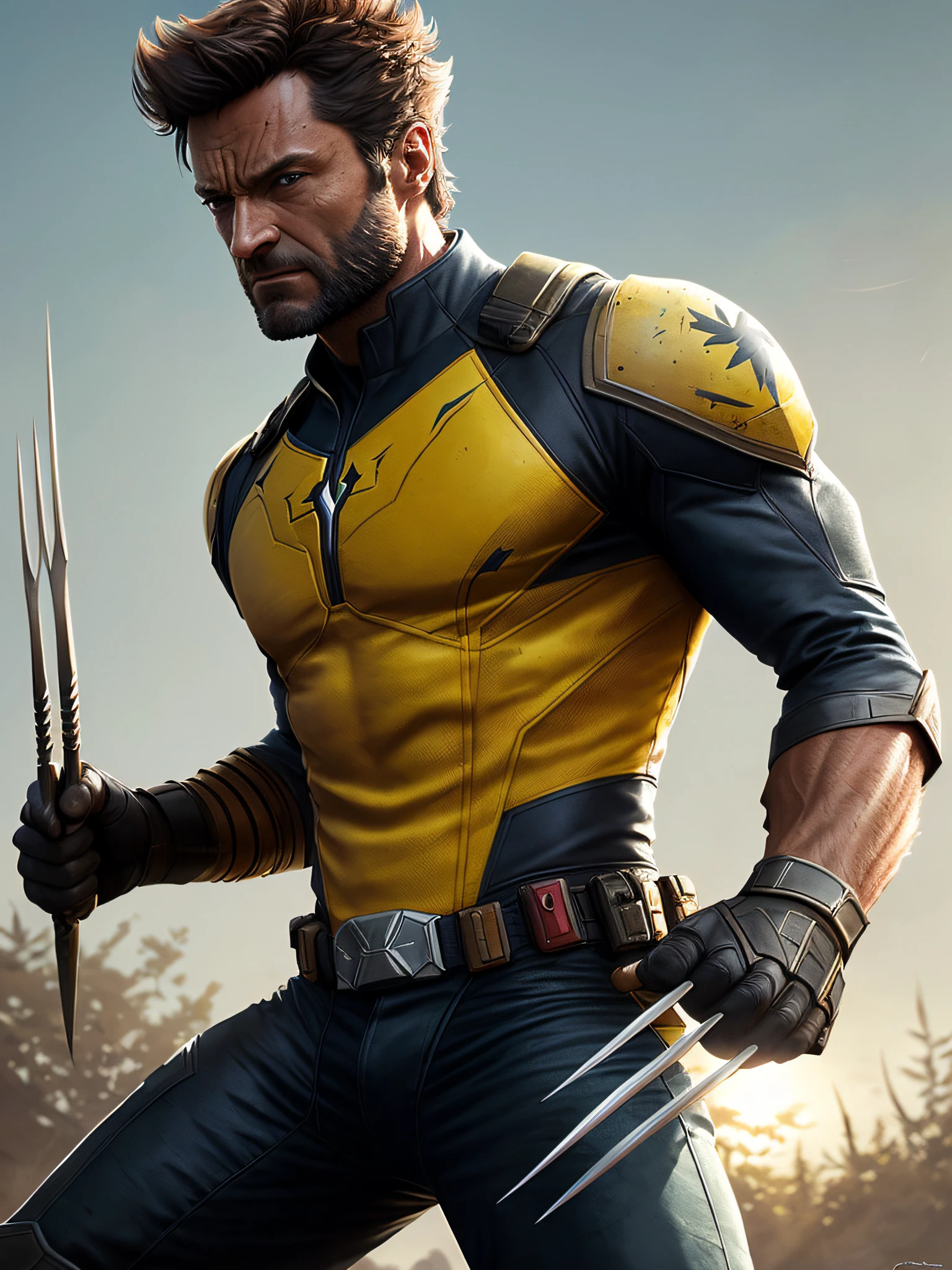 Wolverine de James Howlett, bodysuit militar tecnológico amarelo, vhs Effects, (Poster: 1.6), Fundo de floresta canadense, Western (Skin Texture), Intricate Detail, Fine Detail, Hyperdetail, Ray Tracing, Subsurface Scattering, Diffuse Soft Lighting, Shallow Depth of Field, por (Oliver Waite) CGSociety Trend, Complex, High Detail, Sharp Focus, Dramatic, Photorealistic Painting Art Greg Rutkowski