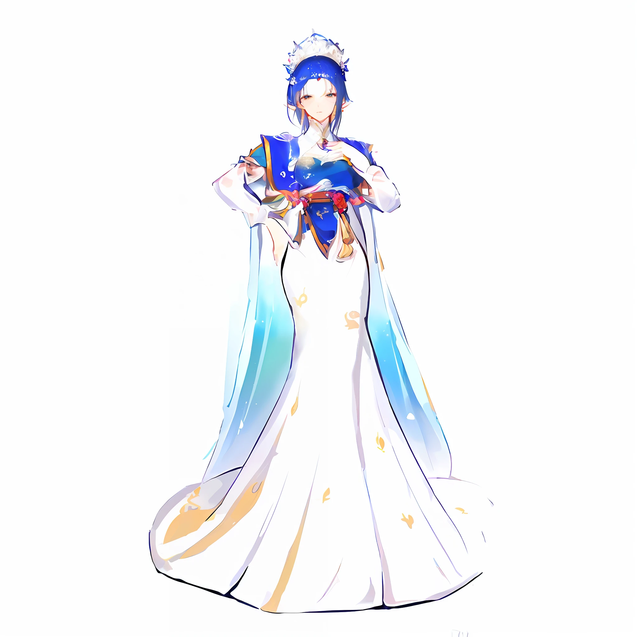 There is a painting of a woman in a white dress, beautiful fantasy queen, royal dress, palace, girl in Hanfu, white royal dress, royal elegant pose, ((beautiful fantasy queen)), simple futurist, blue accent costume, beautiful and elegant elf queen, Hino Rei as a princess, cute anime gaifu wearing beautiful clothes --auto --s2
