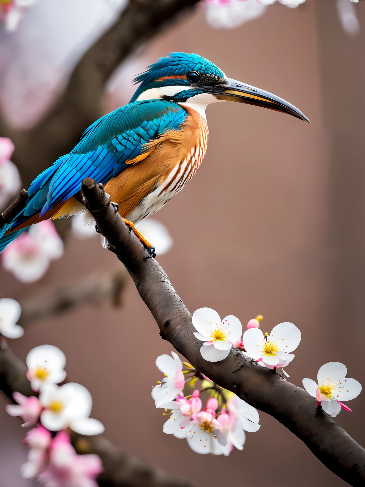 Superb Kingfisher Near White Cherry Blossoms on Branches, Dark, Dawn, (Cold Morning: 1.1), (Morning Dew: 1.15), Realistic Photography, (Low Photo: 1.2), Detail, 8K, Intricate Folded Feathers, Water Droplets on Feathers, (to8contrast style), (MIST: 0.7), Bright Colors, Sony a6600 Mirrorless Camera, embellish2