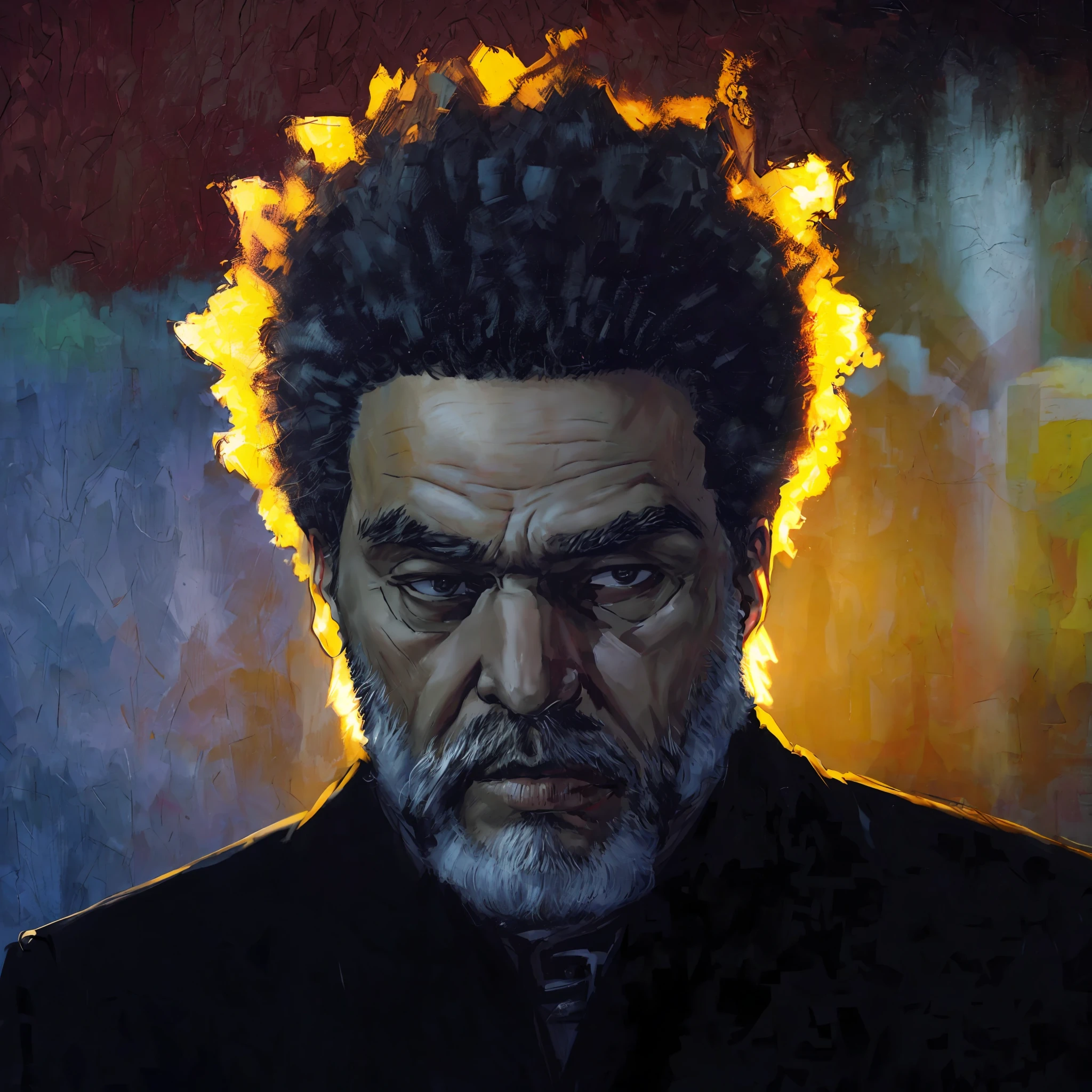 ((((best quality))), (((ultra detailed))), (((masterpiece))), illustration,(cover style illustration of the weeknd magazine with elderly face in black suit), posing in front of a black and dynamic background. The text on the cover should be bold and attention-grabbing, with the magazine title and a catchy title. The overall style should be modern and modern, gray hair,with focus on fashion and lifestyle), wallpaper,crowds,fashion,lipstick,ray tracing,depth of field,street,in public,,solo,looking down, shiny skin, gray beard,