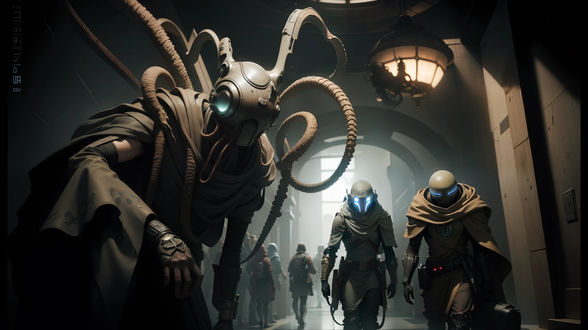 there are many people walking in a hallway with giant alien heads, jedi fallen order teaser, inspired by Werner Gutzeit, long wispy tentacles, characters from machinarium, award - winning. lovecraftian, dslr 8k, by Werner Gutzeit, beautiful sci - fi twins --auto --s2