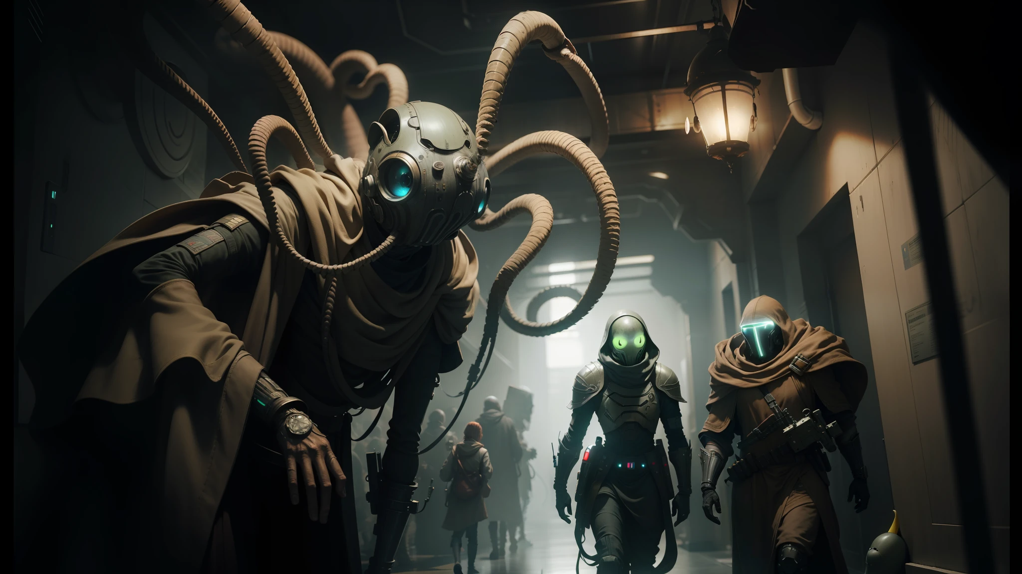 there are many people walking in a hallway with giant alien heads, jedi fallen order teaser, inspired by Werner Gutzeit, long wispy tentacles, characters from machinarium, award - winning. lovecraftian, dslr 8k, by Werner Gutzeit, beautiful sci - fi twins --auto --s2