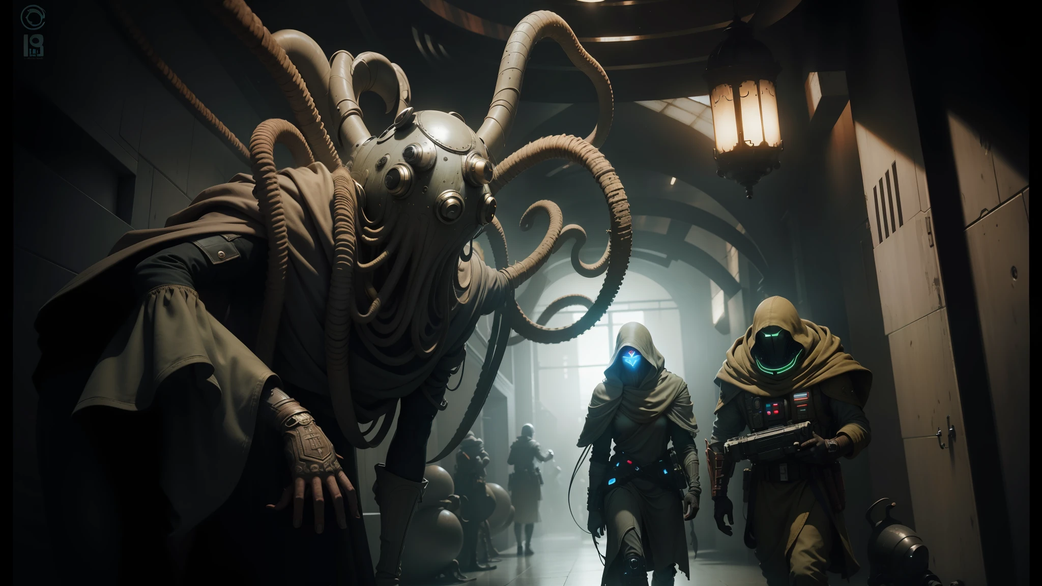 there are many people walking in a hallway with giant alien heads, jedi fallen order teaser, inspired by Werner Gutzeit, long wispy tentacles, characters from machinarium, award - winning. lovecraftian, dslr 8k, by Werner Gutzeit, beautiful sci - fi twins --auto --s2