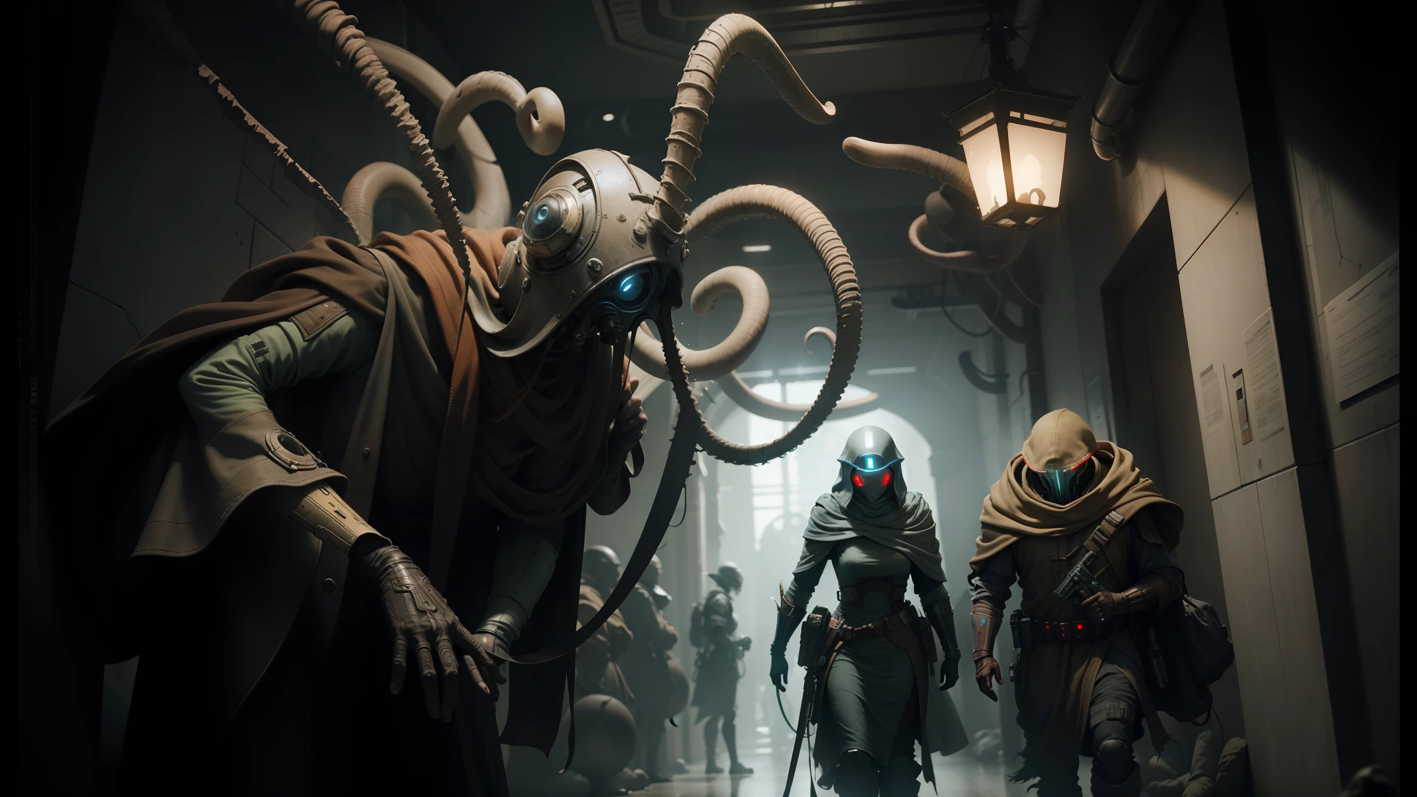 there are many people walking in a hallway with giant alien heads, jedi fallen order teaser, inspired by Werner Gutzeit, long wispy tentacles, characters from machinarium, award - winning. lovecraftian, dslr 8k, by Werner Gutzeit, beautiful sci - fi twins --auto --s2