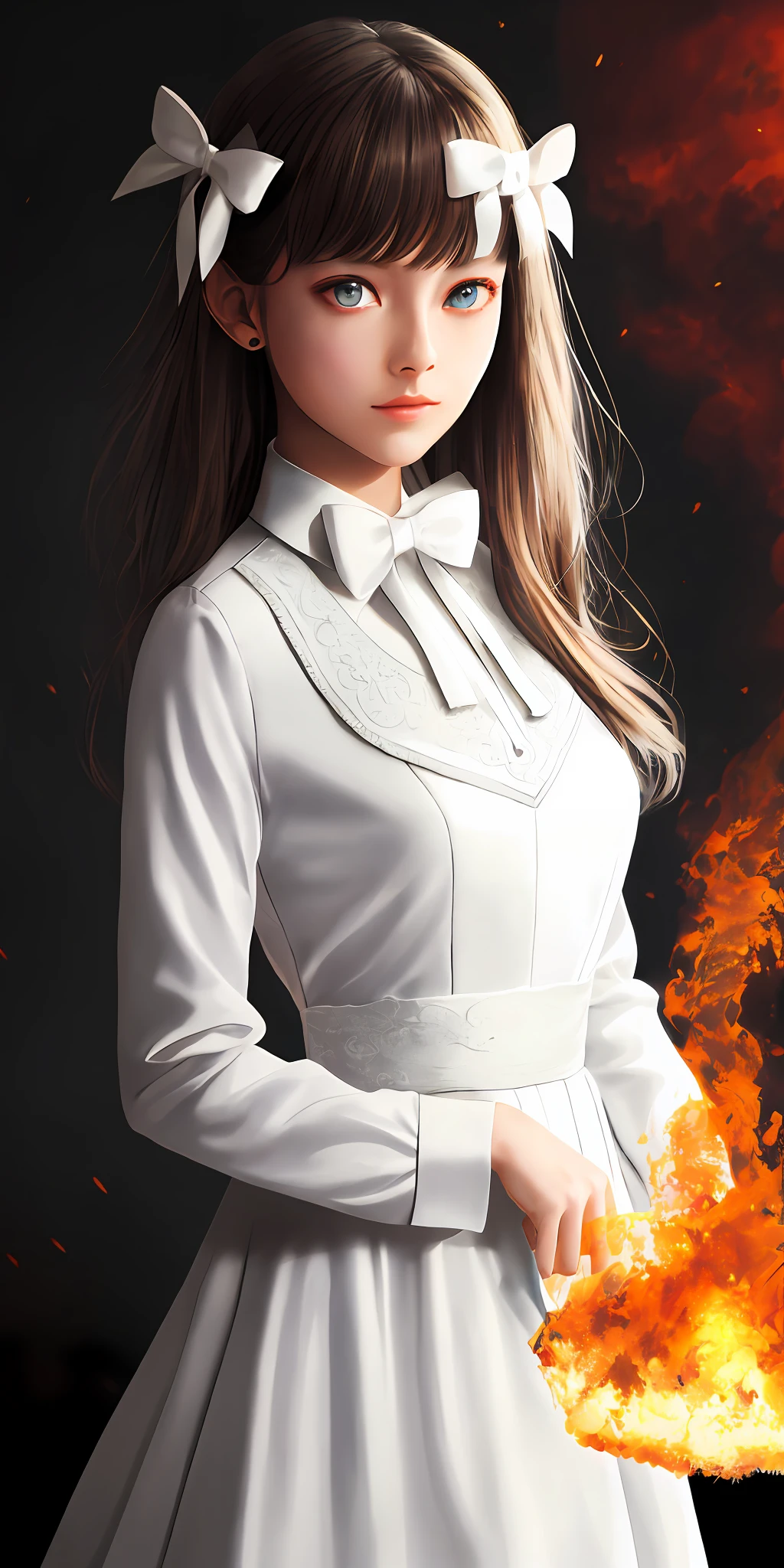 masterpiece, best quality, illustration, {beautiful detailed girl}, beautiful detailed glow, (flames of war: 1.2), (nuclear explosion behind: 1.3), rain, detailed lighting, detailed water, (beautiful detailed eyes: 1.1), featureless , palace, azure hair, messy hair, long bangs, hair between the eyes, (white and gray dress: 1.1), black ribbon, white bow ties, belly, big forehead, blank look, flower, long sleeves