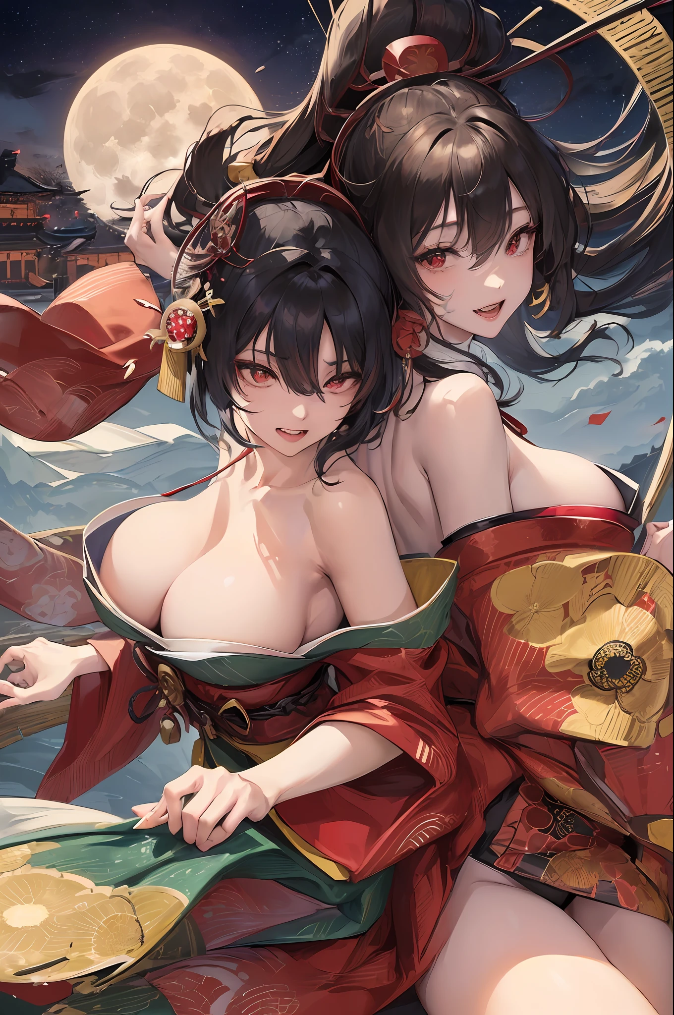 Official Art, Masterpiece, Sharp Focus, (Beautiful Gorgeous Cute Japan Woman:1.3), (Beautiful Cute Japan Woman:1.3), Japan Beauty, Delicate Beautiful Hair and Eyes and Face, Realistic, Ultra Detailed, Beautiful Girl, Starry Sky, Glossy White Particles, (Side Light: 1.2), (Large Breasts)), (Very Soft Breasts), Moon, Moonlight, Fine Clouds, Slender, Adorable Breasts and Hips, Showing teeth and laughing, ((Laughing with eyes, open both eyes)), landscape, sexy expression, buildings, (Edo period night cityscape: 1.3), night, dynamic hair, short cut hair, elaborate black hair, shining red eyes, (gold and red fluffy oiran costume), white skin, hair ornament, magnificent landscape,