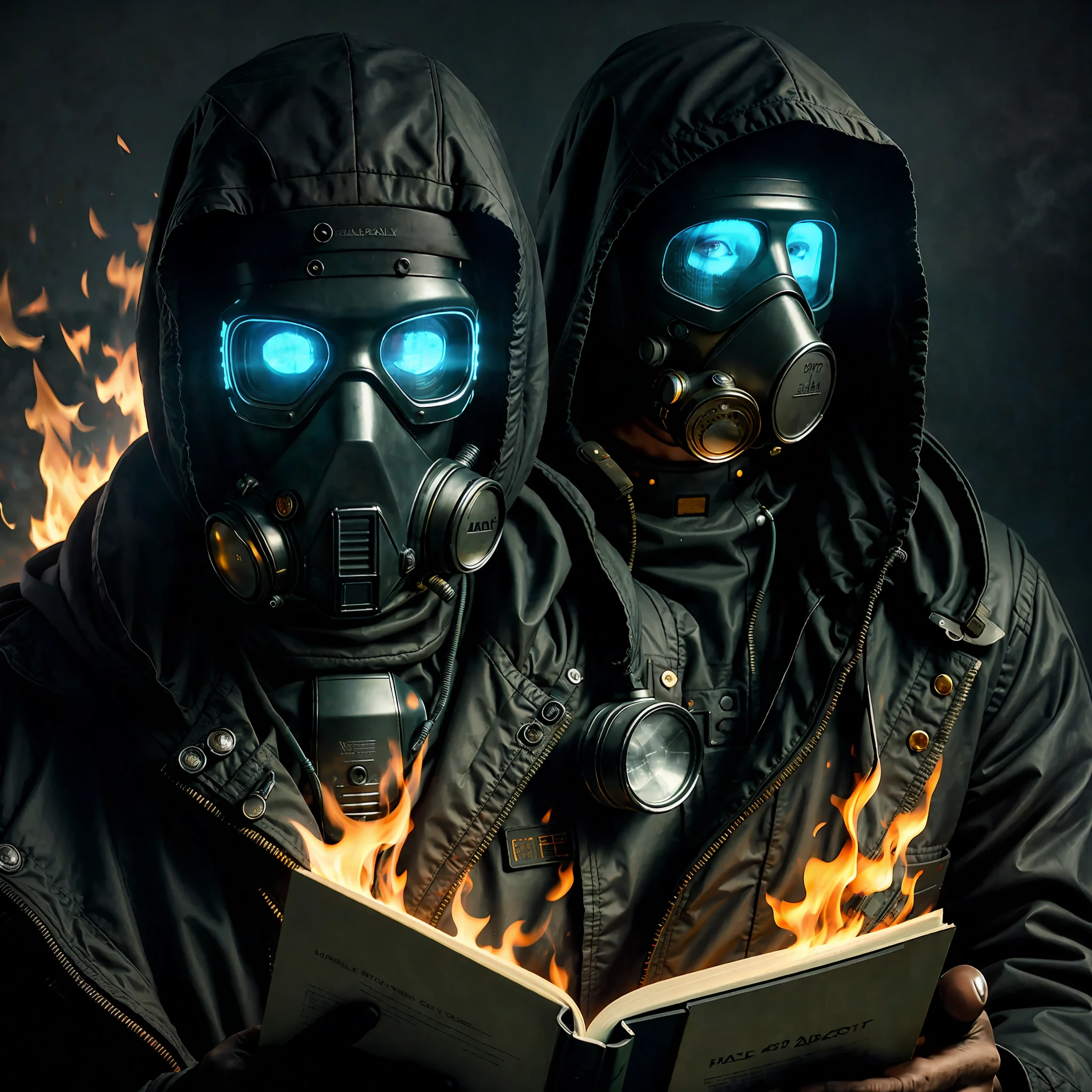 (best quality, masterpeace), full body photo, (hyperdetailed color), (((detailed cyberpunk headman, wearing gas mask and hood) man reading a book in a burning library, hdr, dramatic, cinematic lighting, trend in artstation, trend in CGSociety, majestic professional oil painting by greg rutkowski, immense detail, edge lighting, two-tone lighting, dim light,  low key,