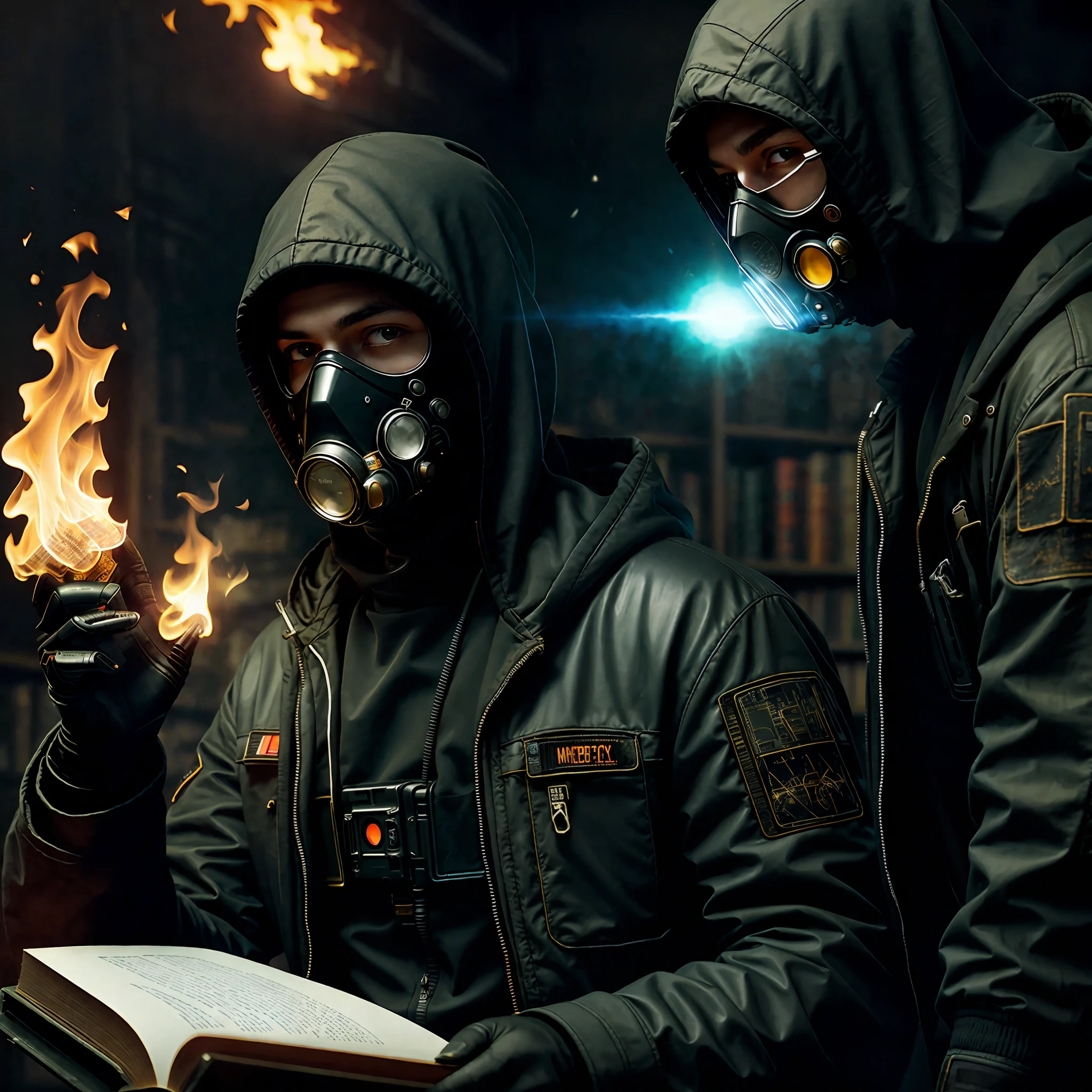 (best quality, masterpeace), full body photo, (hyperdetailed color), (((detailed cyberpunk headman, wearing gas mask and hood) man reading a book in a burning library, hdr, dramatic, cinematic lighting, trend in artstation, trend in CGSociety, majestic professional oil painting by greg rutkowski, immense detail, edge lighting, two-tone lighting, dim light,  low key,
