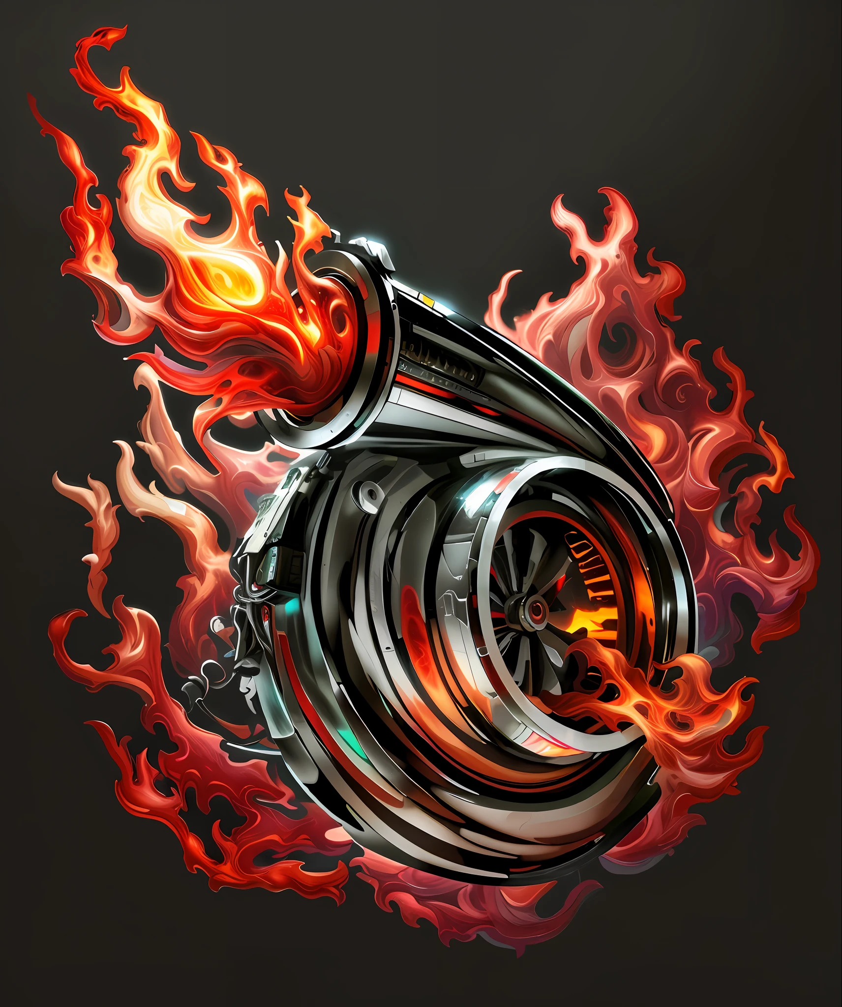 a chrome turbo turbo with flames on a black background, hd illustration, combustion engine, turbo, digital art - w 700, swirling flames, flame vortex, burning, on fire, custom, blazing engines, high detail art, detailed digital illustration, full color digital illustration, chrome vortex, detailed vectorart, high detail illustration, detailed artwork, flames, BioPunkAI