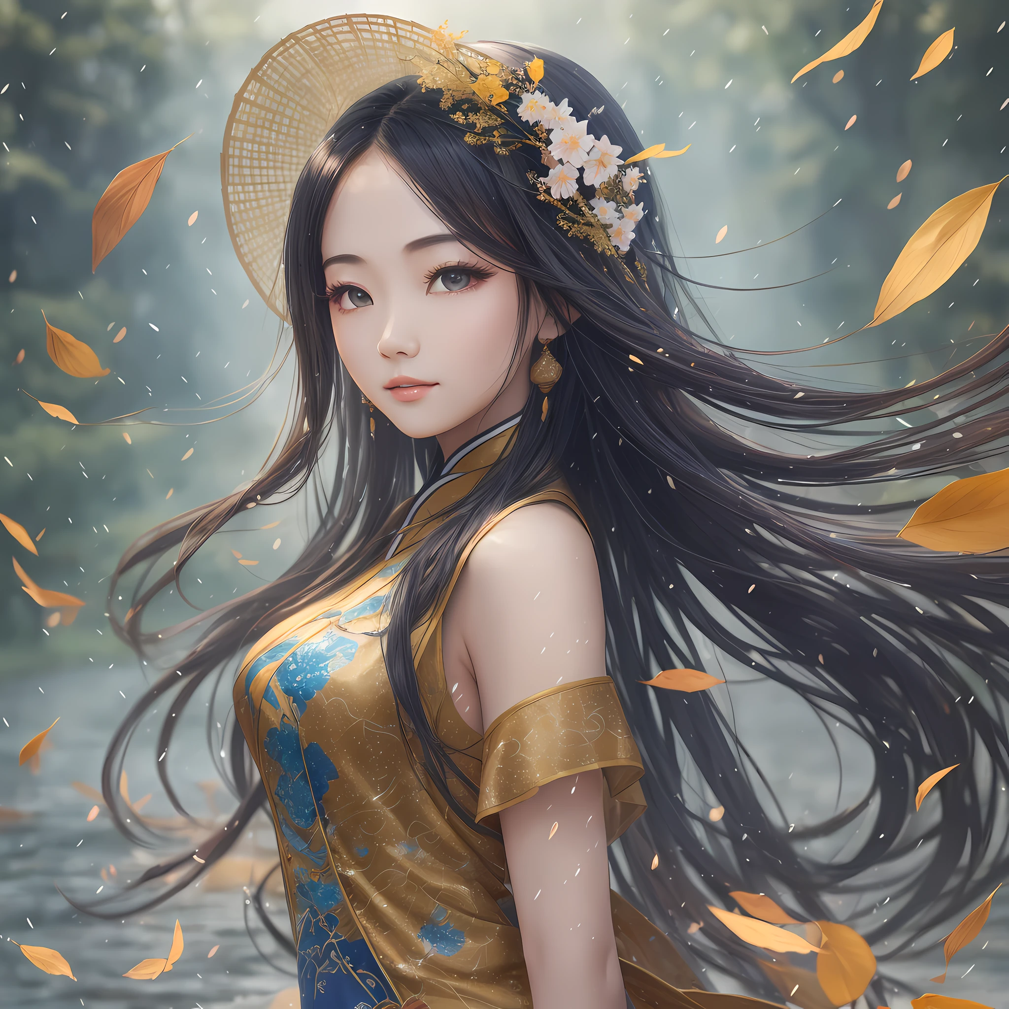 (high quality, high definition,) Miss Jiangnan, fuzheng, shimmering autumn breeze, (river surface texture, light dynamic effect), (layering,) like smoke and rain, long hair fluttering. --auto --s2
