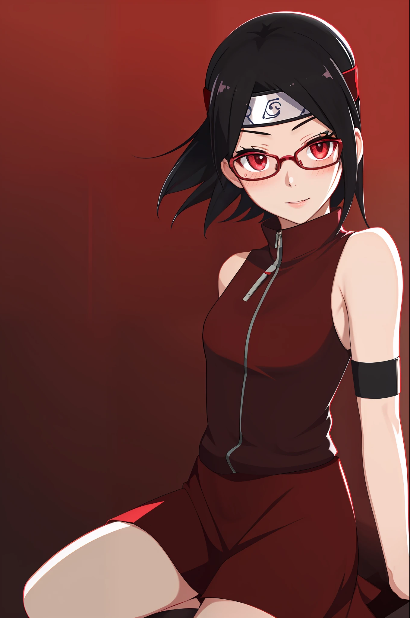 masterpiece, highest quality, best quality, 1girl, solo, looking at viewer, summer forest, evil,
uchiha sarada, bare shoulders, black hair, blush, red framed glasses, short hair, forehead protector, arm warmers, bidarian, clenched hand, headband, red eyes, sharingan, LS, CHROMATIC ABERRATION,
