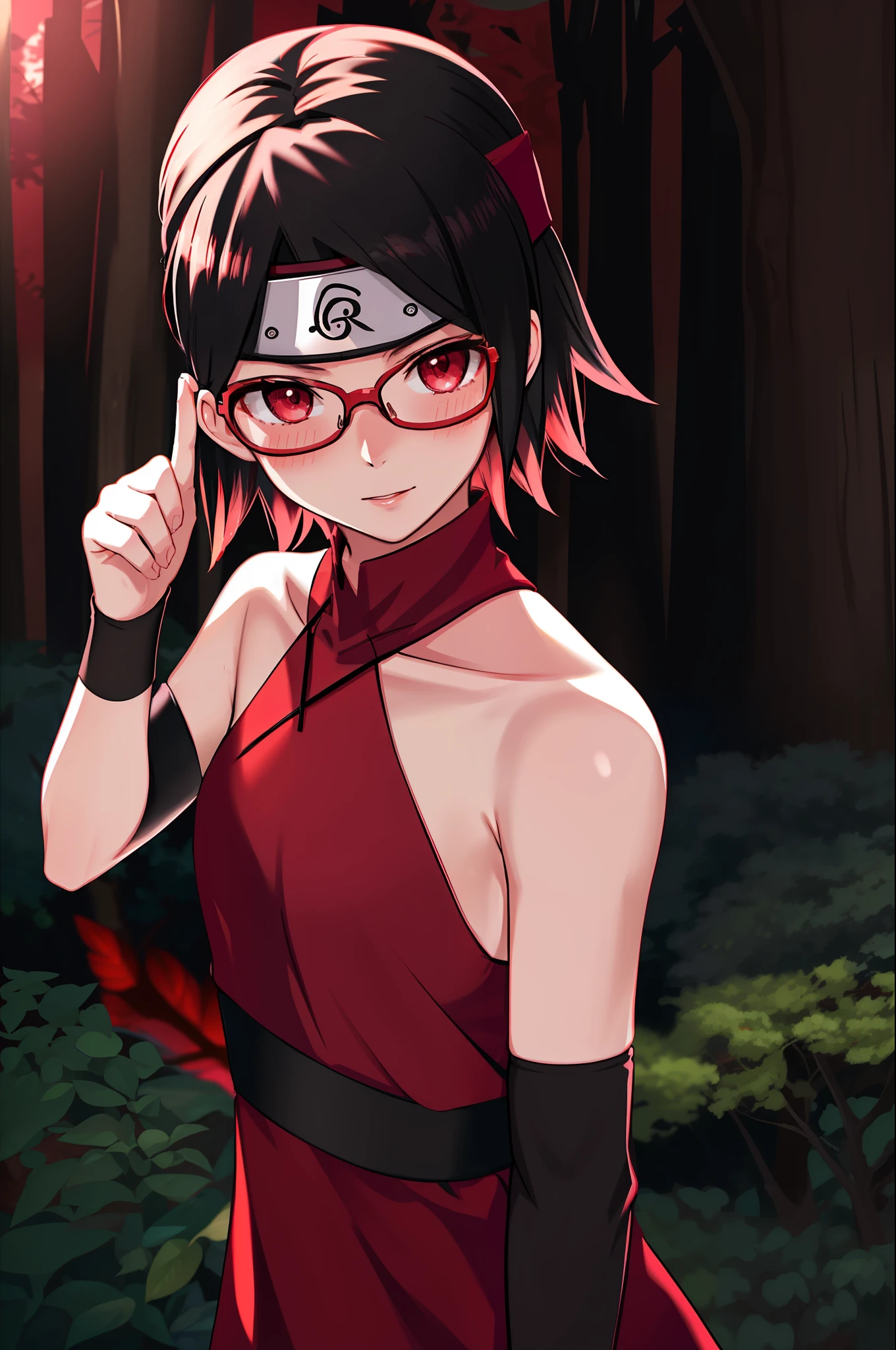 masterpiece, highest quality, best quality, 1girl, solo, looking at viewer, summer forest, evil, 
uchiha sarada, bare shoulders, black hair, blush, red framed glasses, short hair, forehead protector,   arm warmers, bidarian, clenched hand, headband, red eyes, sharingan, LS, CHROMATIC ABERRATION,