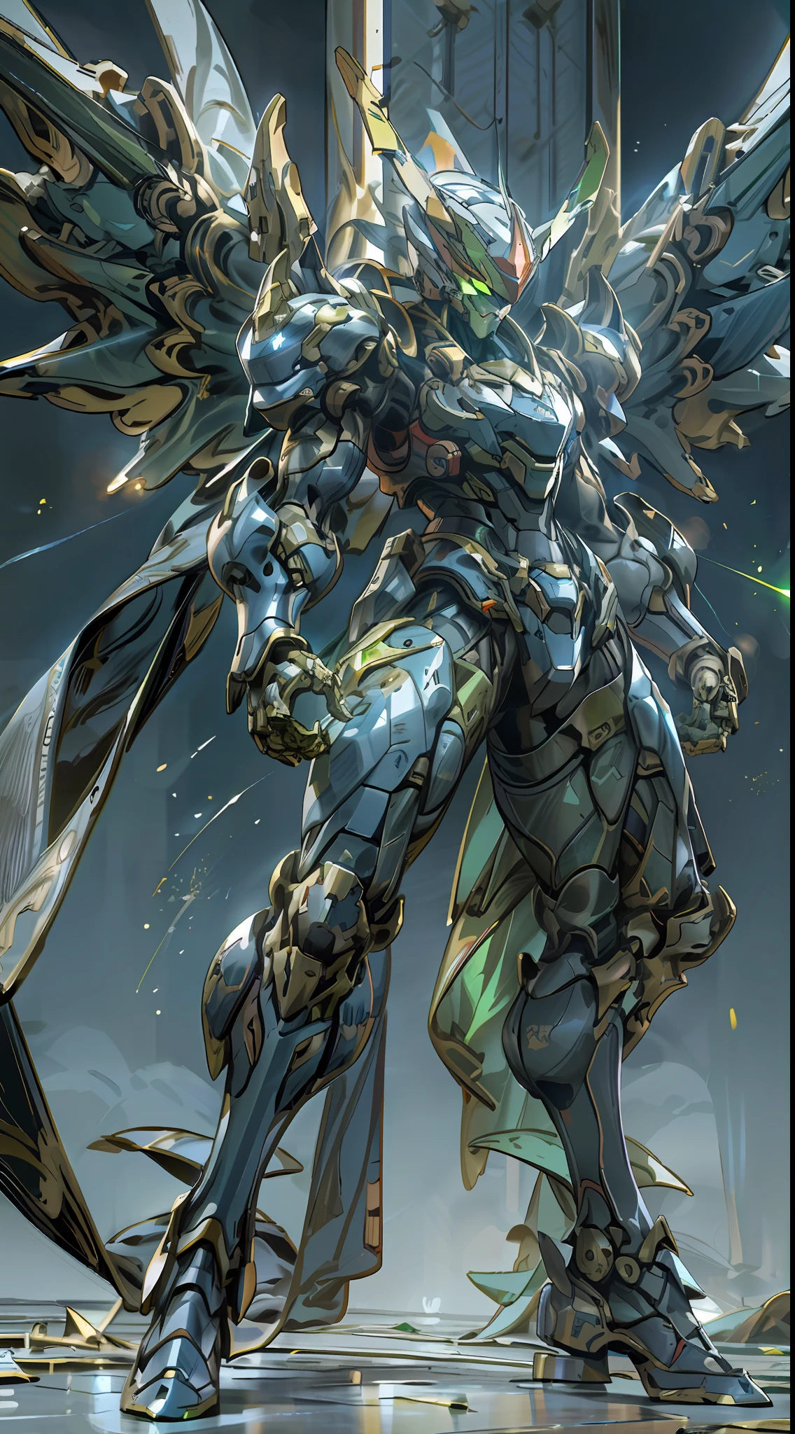 Ultra-high-definition mecha upright performance, metallic paint gloss, delicate lines, blue main color, orange-red heavy missile shoulder and shoulder device, green hand and leg luminous equipment, strong light source projection, phantom special effects, bright and clear, green glowing eyes, mecha is not blurred, the background texture is clear, the contrast between light and dark is vivid, there is a pair of mechanical six-winged wings, full of visual impact, and the overall picture quality is black """