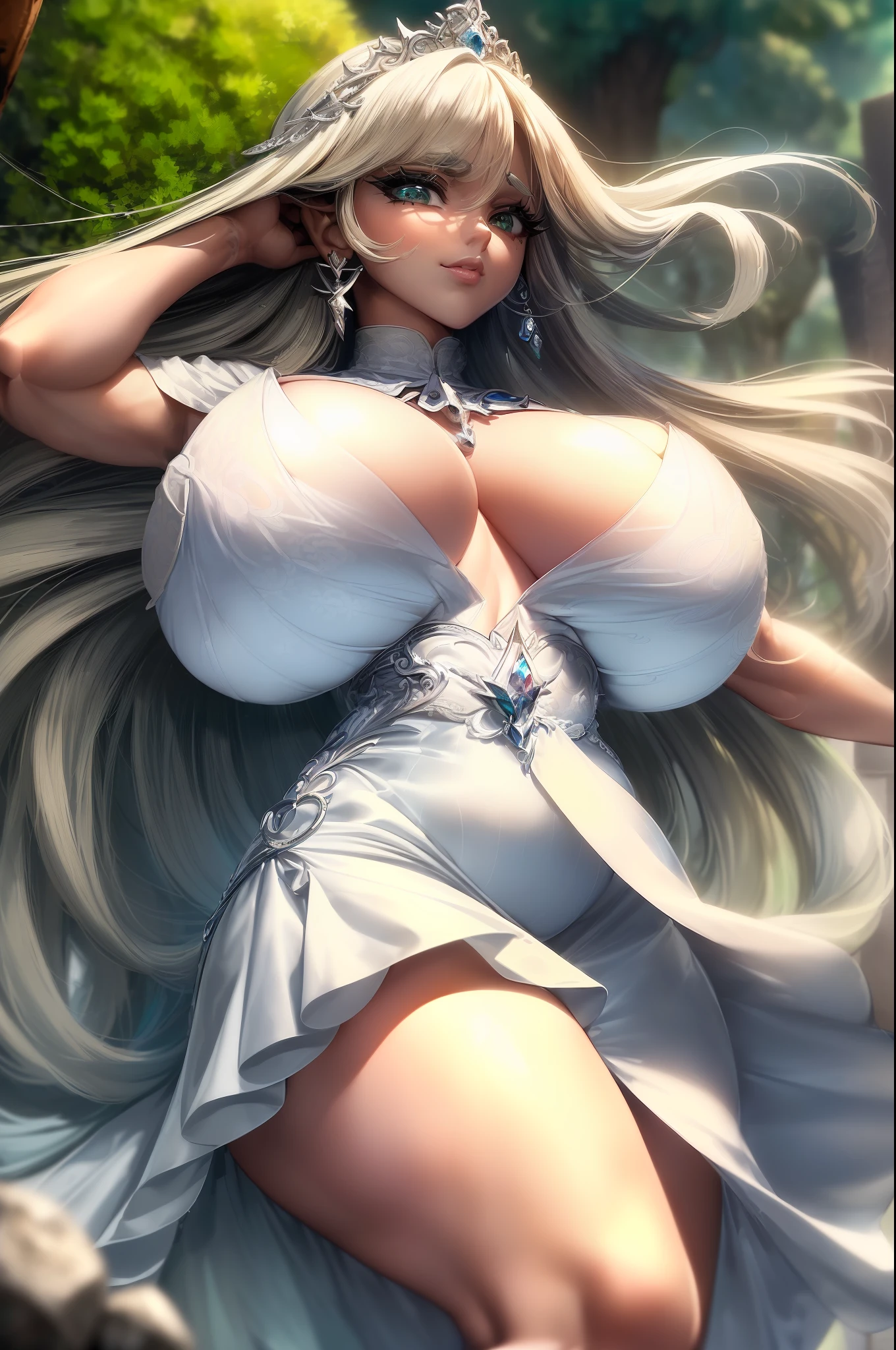 (Ultra Quality,Unparalleled Masterpiece:1.4)Overwhelmingly Pixel-Perfect,Ultra-Detailed CG 4K,(Ultra-Detailed Clear Absurdly-Vivid Jade Big Eyes:1.2),Gorgeous Round Detailed Face(Voluptuous:1.4)Elf(Gigantic Breasts:1.8)(Voluminous Long Blonde Hair: 1.4),(Bangs, Sidelocks:1.2)Seductive(intricately detailed white dress:1.3)(Zelda)(Celestine Lucullus: 1.2)(Solo:1.4)(1Girl: 0.5)(Facing Viewer:1.2)(arms behind back:1.2)(Cowboy Shot:1.2)(from above:1.1),Skindentation(Curvaceous:1.4)(Curvy:1.4)(Bimbo: 1.4)(Normal Waist: 1.2)(Thick Lips: 1.3)small-nose(light smile: 1.2)Rocks,Trees, Plants,Bush,Color Graded,dynamic pose