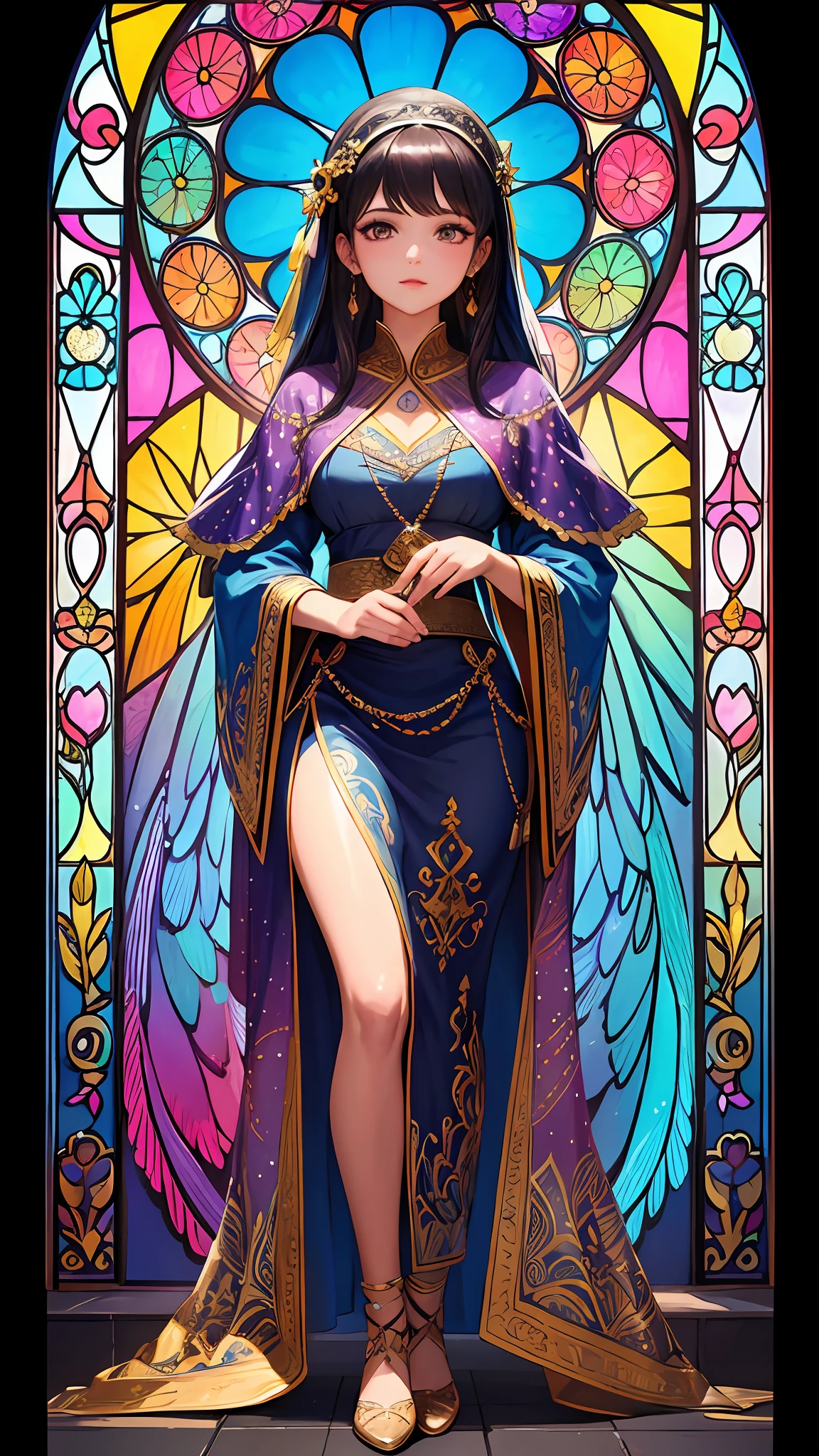(masterpiece, top quality, best quality,official art, beautiful and aesthetic:1.2),(1girl:1.3), 1girl BREAK stained glass art, colored glass, lead lines, light transmission BREAK vibrant colors, intricate designs, luminous effects, spiritual ambiance
