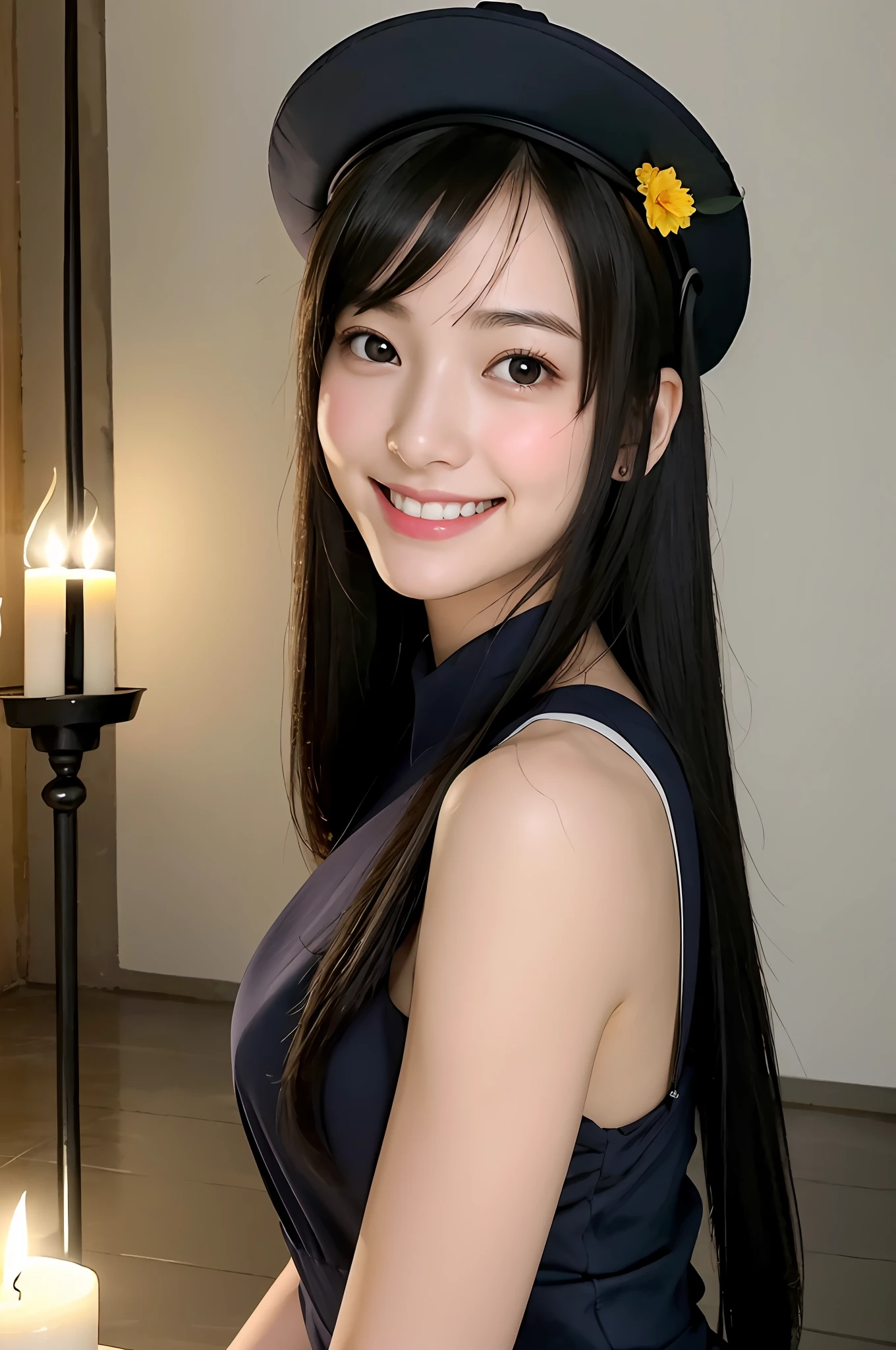 (RAW Photos: 1.2), (Masterpiece, Photorealistic: 1.4), (Complex Details: 1.2), (Masterpieces: 1.3), (Best Quality: 1.4), (Ultra High Definition: 1.2), Cinema Lights, Ultra High Definition, (Detailed Eyes), (Detailed Facial Features), (Detailed Clothing Features), 8K Resolution, Viewer's Gaze, 1 Girl, Solo, Black Hair, Underhair, Hat, light_ smile,ofuda,ceramic dress,arms crossed,full body,outdoor,hanging lantern,night,east festival name, perfect for skin, (shiny skin), (slender girl), dreamy, nsfw, candle, candlelight, white flower, constriction, bedroom, straight hair, long hair, black hair, light blue eyes, one girl, cute, innocent, (smile), (innocent smile), skinny, indoor,