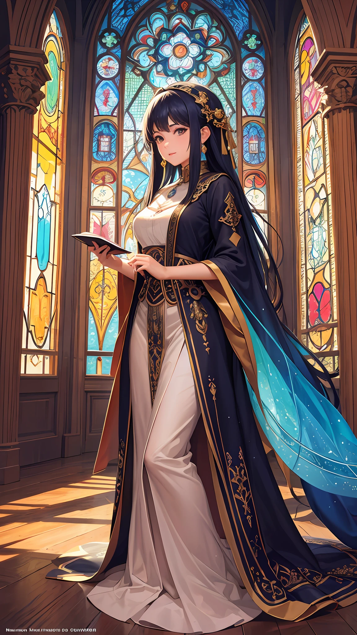 (masterpiece, top quality, best quality,official art, beautiful and aesthetic:1.2),(1girl:1.3), 1girl BREAK stained glass art, colored glass, lead lines, light transmission BREAK vibrant colors, intricate designs, luminous effects, spiritual ambiance