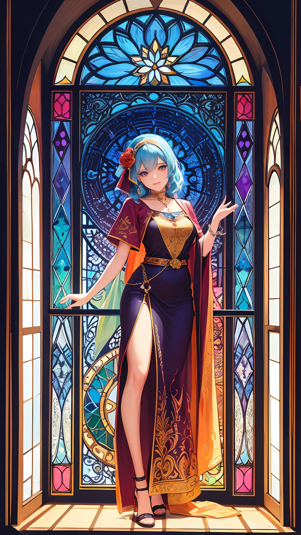 (masterpiece, top quality, best quality,official art, beautiful and aesthetic:1.2),(1girl:1.3), 1girl BREAK stained glass art, colored glass, lead lines, light transmission BREAK vibrant colors, intricate designs, luminous effects, spiritual ambiance