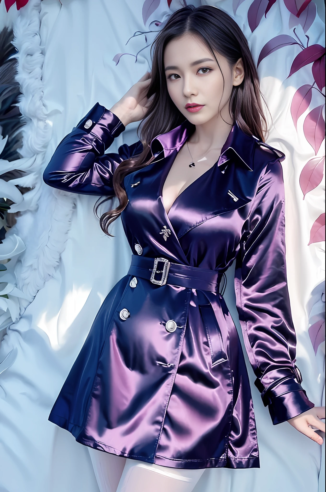 top quality, high resolution, ultra-detailed, wear a satin wrench coat, the material of the satin wrench coat and satin blouse is shiny, soft and smooth to the touch, the buttons of the satin wrench coat are large, the buttons in front of the satin wrench coat are fastened, and the underwear is not worn, the collar of the satin blouse must be taken out of the satin wrench coat, Body-fitting satin blouse, chest is C cup, Japan fashion model, wearing a shirt, wearing a coat, one beauty, the place is the hotel bedroom, the eyes are clear double, Wet lips and appeal, the subject is alone, the subject's face is all on the screen, inviting provocative expression, sleeping on your back on the bed,