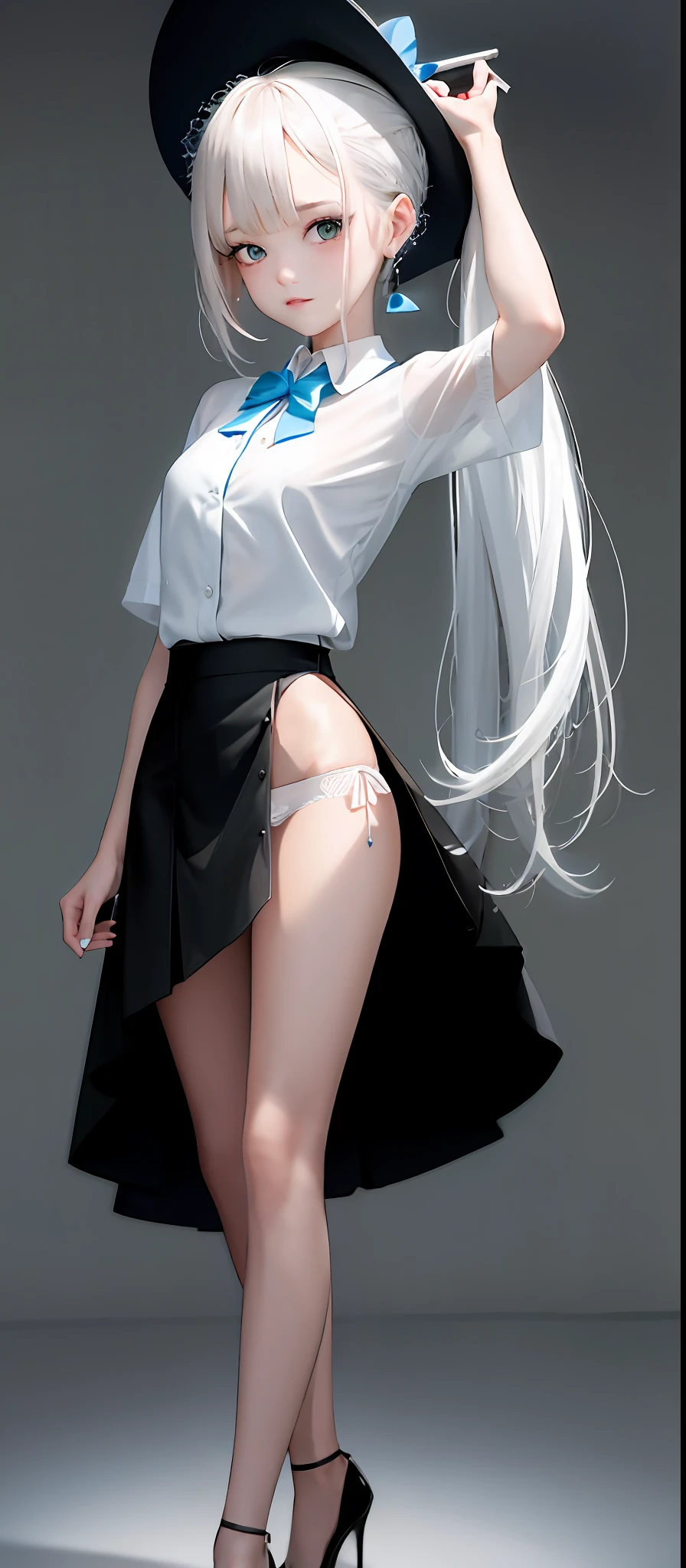[1girl|solo], (masterpiece: 1.1), (best quality: 1.1), (rock [[white gradient shirt: black appliqué with patches and pattern morning dress: 0.85]: [black collar exposed dress: earthy tone hip slit small black dress: 0.15]:0.7]:1.25),(tweed [[coral wool A-line dress: turquoise sleeveless tutulum: 0.05]: [green sheer thong: orange linen shirt: 0.1]: 1.15), , [ (NSFW:1.0):(NSFW:0.95):0.15], [Medium: [Large|Medium]:0.35] breasts, corsets, rest [black: pink: 0.65] theme, (gradient background: 1.1), portrait, rest [blonde: sky blue: 0.05] hair, blunt bangs, ji cuts, long hair, side ponytail, white panties, flip skirt, flip skirt, [blue: purple: 0.85] eyes, delicate black witch hat, holding wand, white high heels, White lace suspenders, white high heels, erotic seduction pose, erotic seduction pose, flip skirt, flip skirt, white lace thong transparent panties, white high heels, panty panties, panty panties, panty panties
