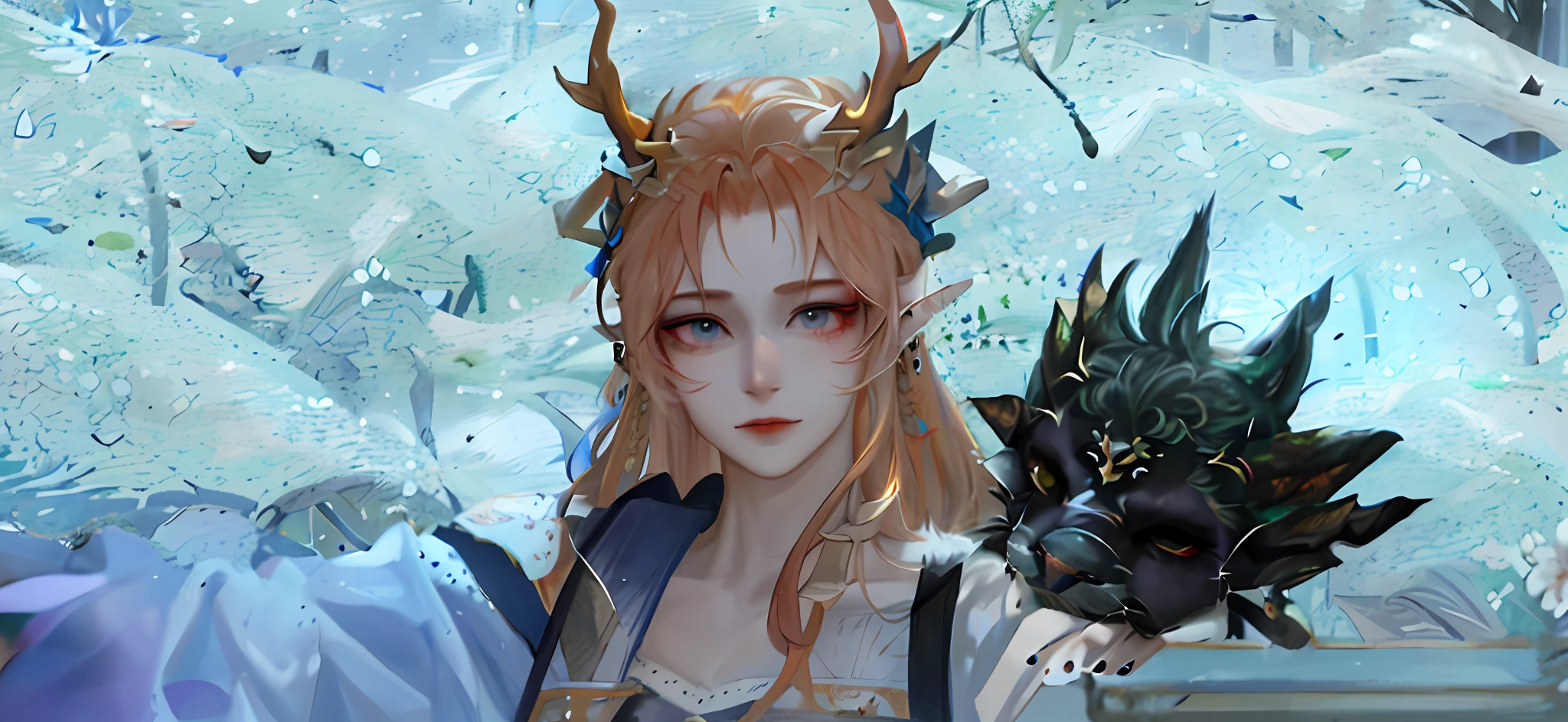 There is a horned head, close-up character, super detailed fantasy character, avatar image, inspired by Lan Ying, character close-up, inspired by Song Maojin, 4K detail fantasy, Hirase Jinyao, the elf of the summer forest, inspired by Huang Shen, inspired by Hong Ren