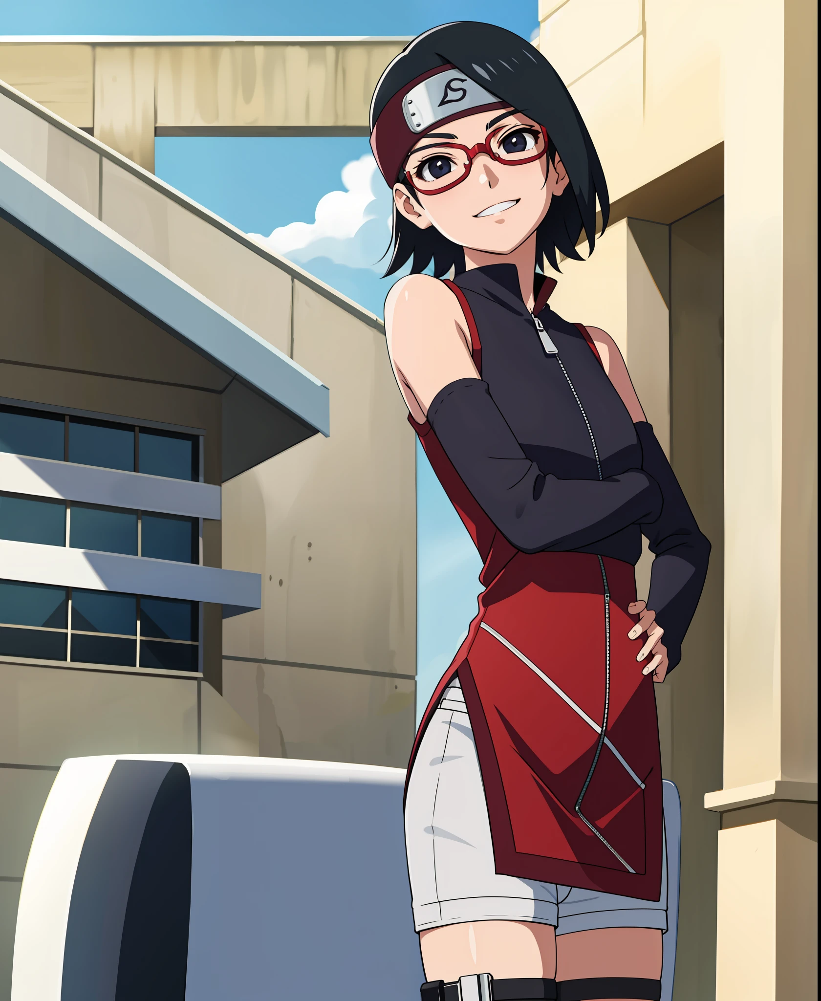 anime screencap,
1girl,solo,black hair,short hair, black eyes,skinny,cowboy shot, standing, forehead protector, smirk,(dress:1.1),(white shorts:0.8), black thighhighs, thigh holster, arm warmers, bare shoulders, looking at viewer, outdoors,pelvic,red-framed eyewear, glasses,arms behind back, head tilt, pelvic curtain, facing viewer, hands on hips, zipper, shiny hair,