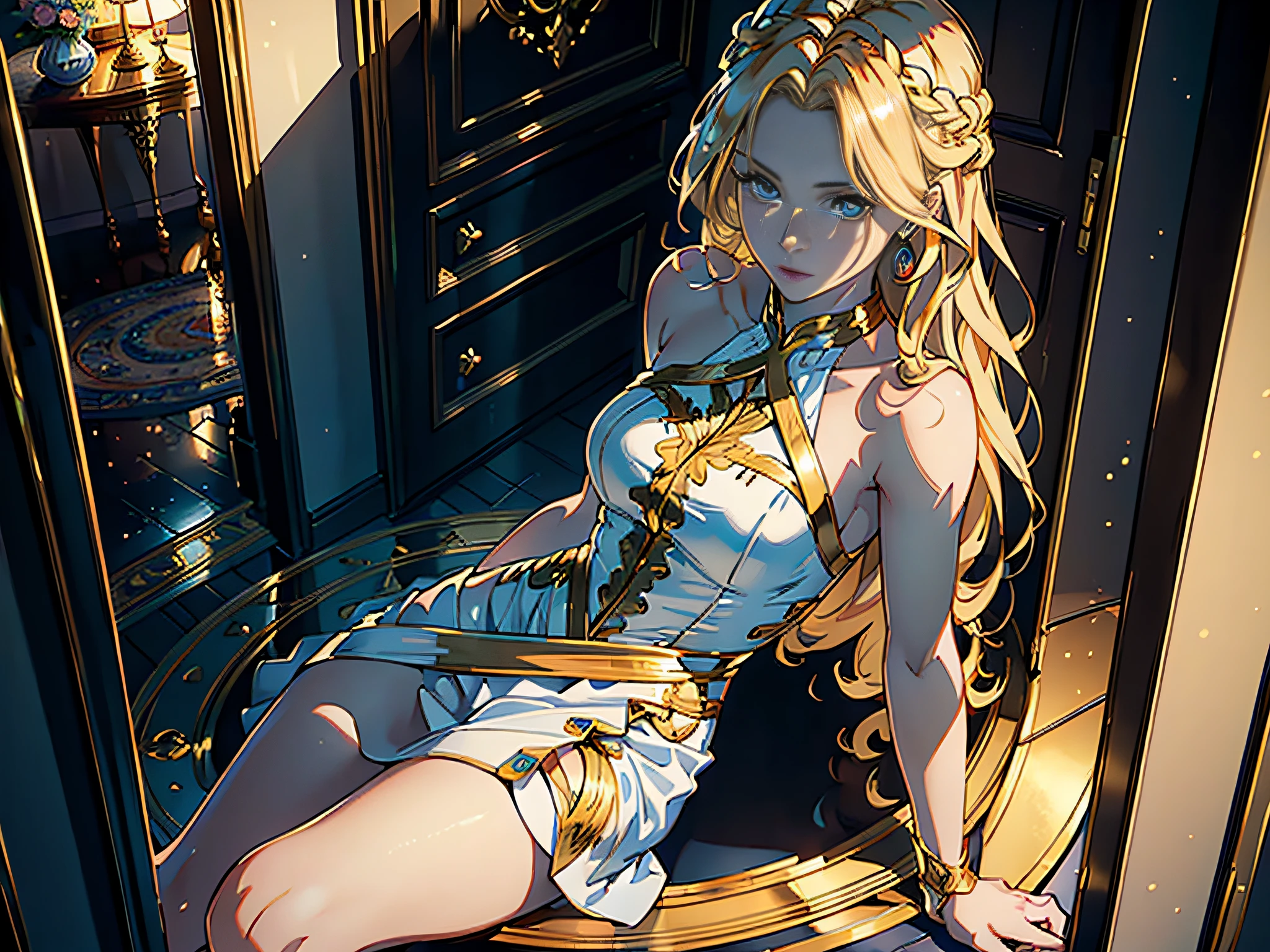 ((Masterpiece)), (Best Quality)), 8K, HD, Super Detail, (Woman), (Dress), (1.5) (Golden Hair), (Blue Eyes) (Living Room Doorway 1.3) (Upper Body Display 1.4) The artwork is a masterpiece, with the best quality and super detail, captured in 8K HD. Photographic realistic, realistic, very detailed illustrations realistic, octane rendering