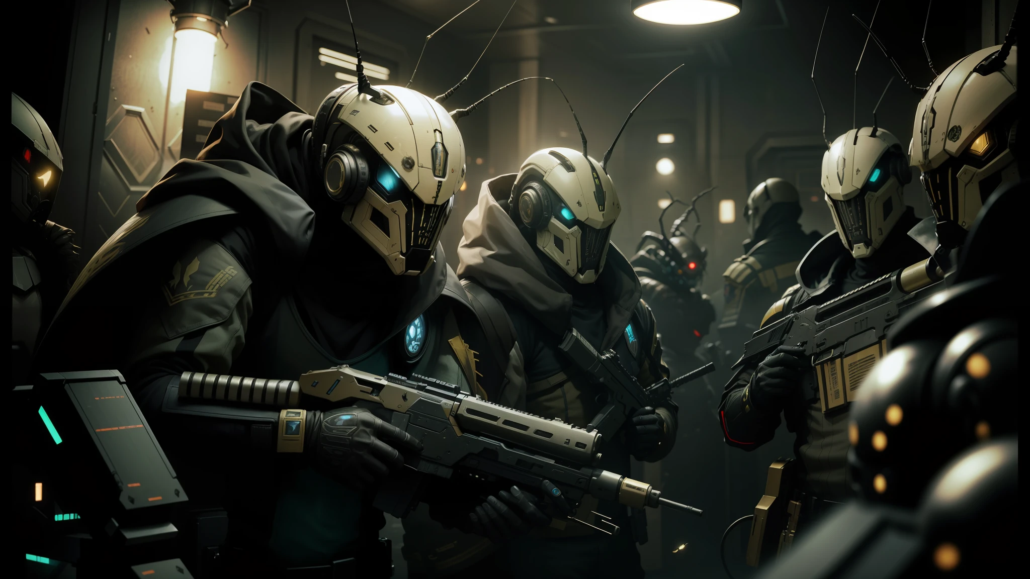 there are many alien men with guns in a room, full of insect robots, highly detailed vfx, by Jacek Andrzej Rossakiewicz, zoology! fantastical creatures, schutztruppe, by Cedric Seaut (Keos Masons), horned beetle, several soldiers, set in cyberpunk bank vault --auto --s2