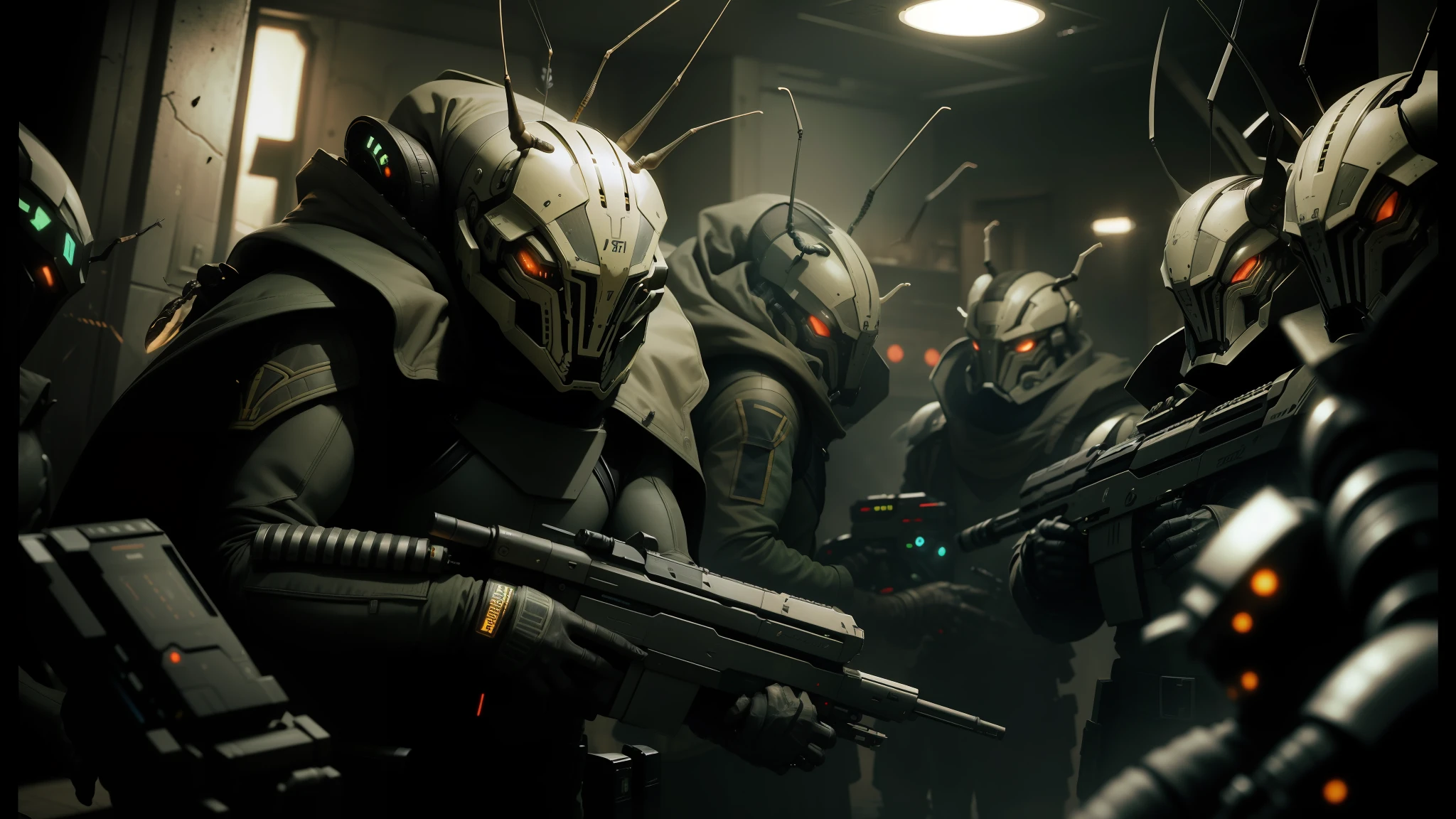 there are many alien men with guns in a room, full of insect robots, highly detailed vfx, by Jacek Andrzej Rossakiewicz, zoology! fantastical creatures, schutztruppe, by Cedric Seaut (Keos Masons), horned beetle, several soldiers, set in cyberpunk bank vault --auto --s2