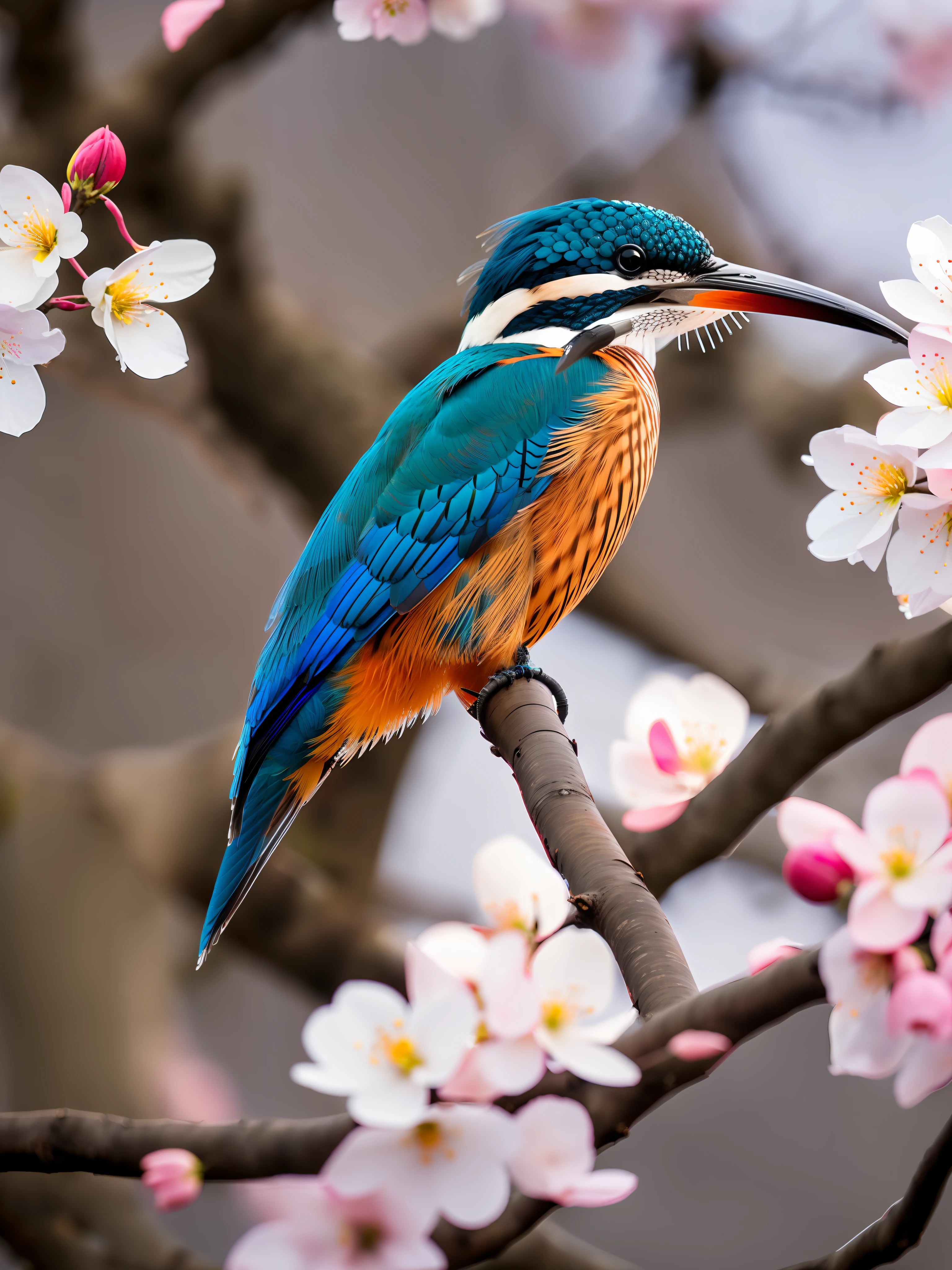 Superb Kingfisher Near White Cherry Blossoms on Branches, Dark, Dawn, (Cold Morning: 1.1), (Morning Dew: 1.15), Realistic Photography, (Low Photo: 1.2), Detail, 8K, Intricate Folded Feathers, Water Droplets on Feathers, (to8contrast style), (MIST: 0.7), Bright Colors, Sony a6600 Mirrorless Camera, embellish2