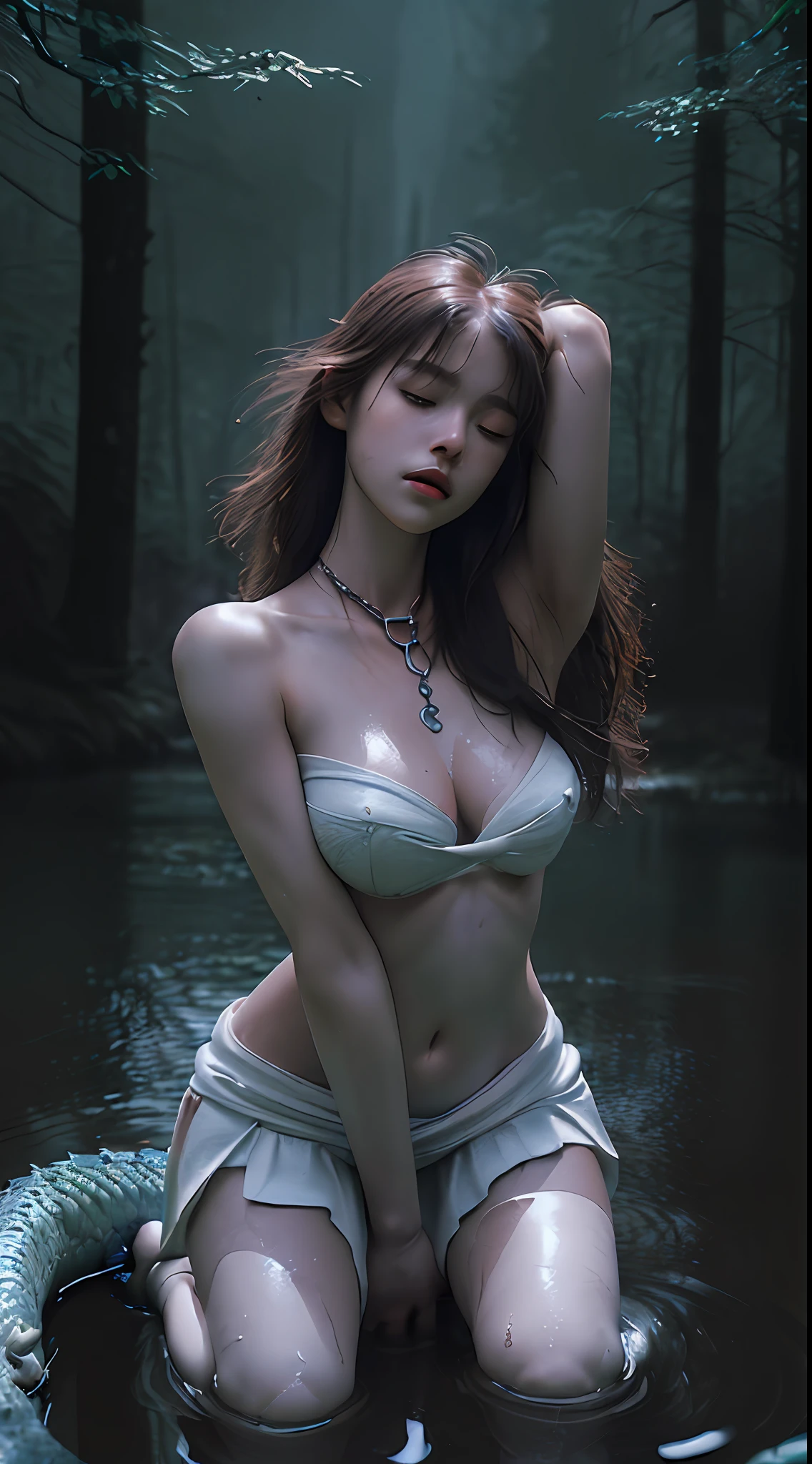 Cool Beauty Beauty Serious Theme, ULZZANG-6500-:06 (Raw Photo:1.2), (Photorealistic:1.4),Seen from below, Beautiful Detailed Girl, Beautiful Breasts with Neat Lower Body Small Breasts Proportions, Very Detailed Eyes and Face, Beautiful Detailed Eyes, Ridiculous, Incredibly Ridiculous, Huge File Size, Ultra Detailed, High Resolution, Very detailed, top quality, masterpiece, swamp at night, ((Japan Women's National Idol)), illustration, very detailed, CG, unification, 8k wallpaper, wonderful, fine details, ((small breasts, the most lewd expression sexually aroused with eyes closed)), (((small breasts, beautiful lower body neat and beautiful proportions))), ( with sensual look in the forest at night, no makeup) masterpiece, Top quality, highly detailed CG uniform 8k wallpapers, (The body of a 17-year-old girlexpression), ( ( Three white giant dragons wrapped around the torso )), ( ( Pose with hands crossed above the head showing the sides while bathing in a large deep swamp))), (Show small breasts), (Japan national idol), snake head) ((((Three white giant dragons wrap around the torso and hide the chest ))), (posing with hands crossed above head showing armpits in the forest at night, exposing soft skin) (composition is a pose posing in which a 17-year-old girl with a sensual s in the depths of the swamp at night and crosses her hands above her head while showing her armpits) (red dog collar and chain lead around her neck))) (sensual expression with pleasure on her face), (17-year-old girl with sensual expression, no makd with giant dragons ((three white giant dragons wrapped around the torso and hiding their breasts)), ((sexual dynamic pose))), (camel toes), (hands stretched up and crossed), (legs open and thighs open), (poses with hands crossed overhead with sides showing), (standing kneeling), (body covered with a large deep swamp) (body bathing in a large deep swamp), ((dark thick fog) , (Bathing while