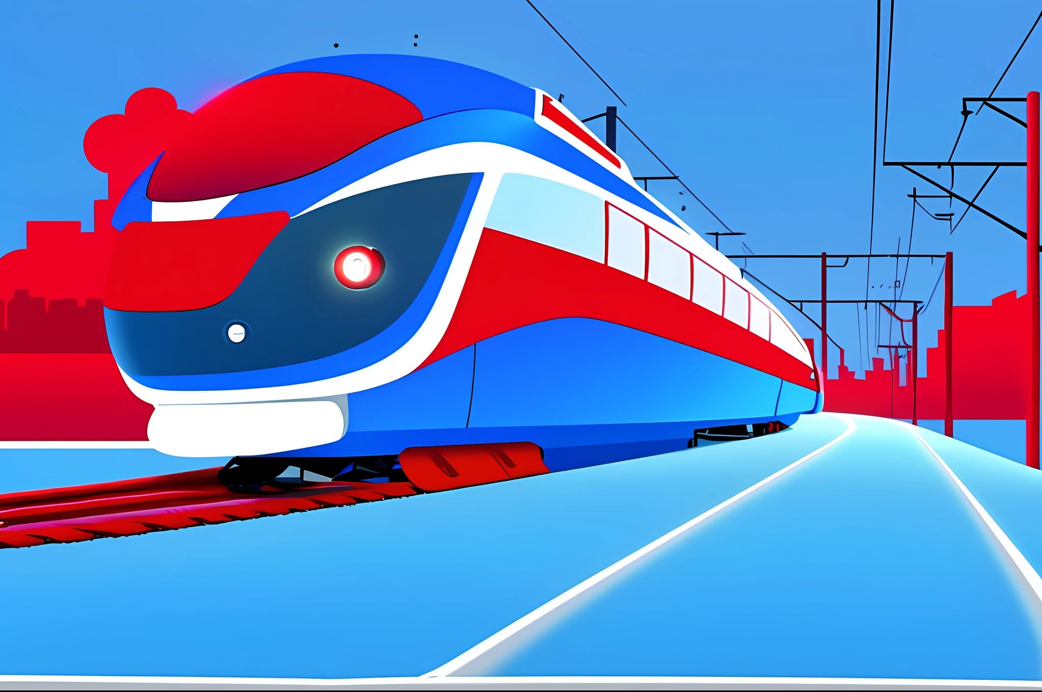 Simplified graphic illustration depicting ((one electric train)) on the rails against the background of the city, blue and red color palette