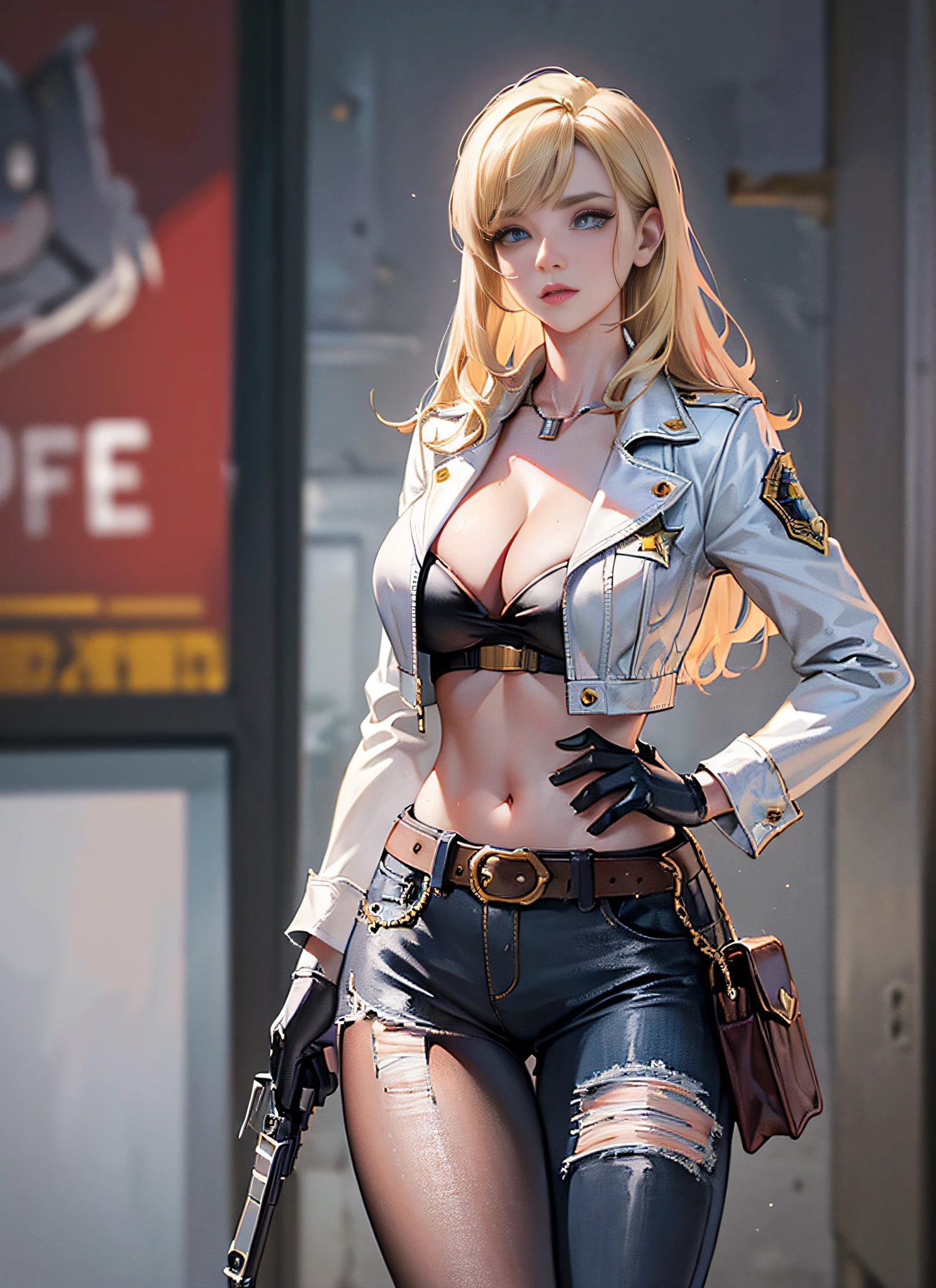 super realistic, 8k, masterpiece, high definition, cinematic, 1950s western, movie poster, handgun no waisted beauty, sheriff, blonde white woman, sheriff batch, cleavage, ripped jacket, ripped pants, confronting the villains, colt in waist holster, (title), striking lighting, 3d rendering, western street corner